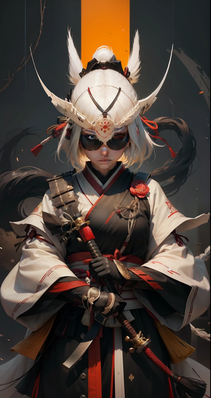 Girl, human, pretty, white hair, realistic, samurai, short hair