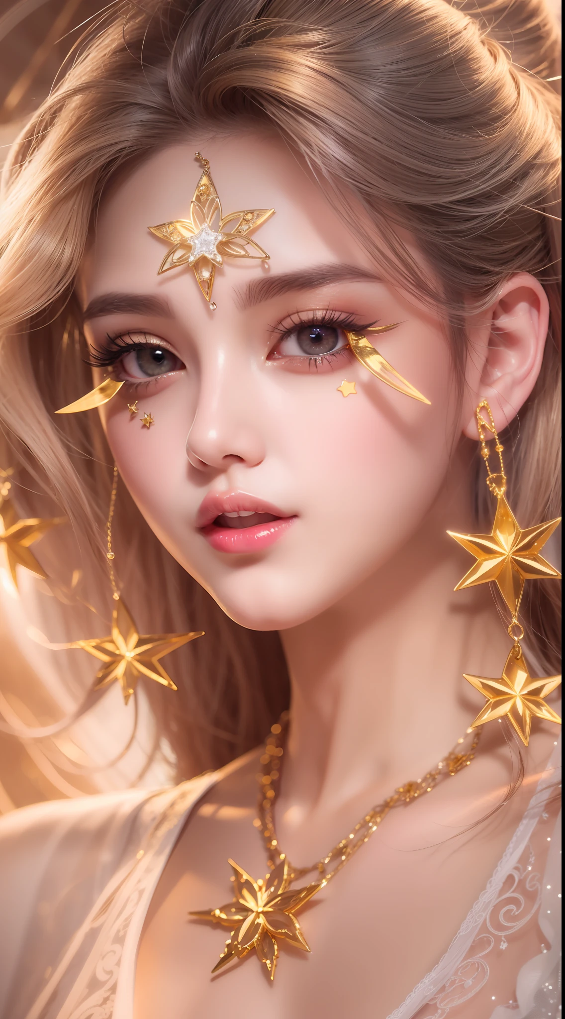 Ultra transparent 8k wallpaper, Brilliant depiction of details, Charming and energetic breeze, Mysterious and seductive angles, Glamorous and glamorous gold-rimmed star-shaped eye ornament, Attractive necklace jewelry, Mesmerizing eye detail, Perfectly presented big eyes,Model standing,female pervert