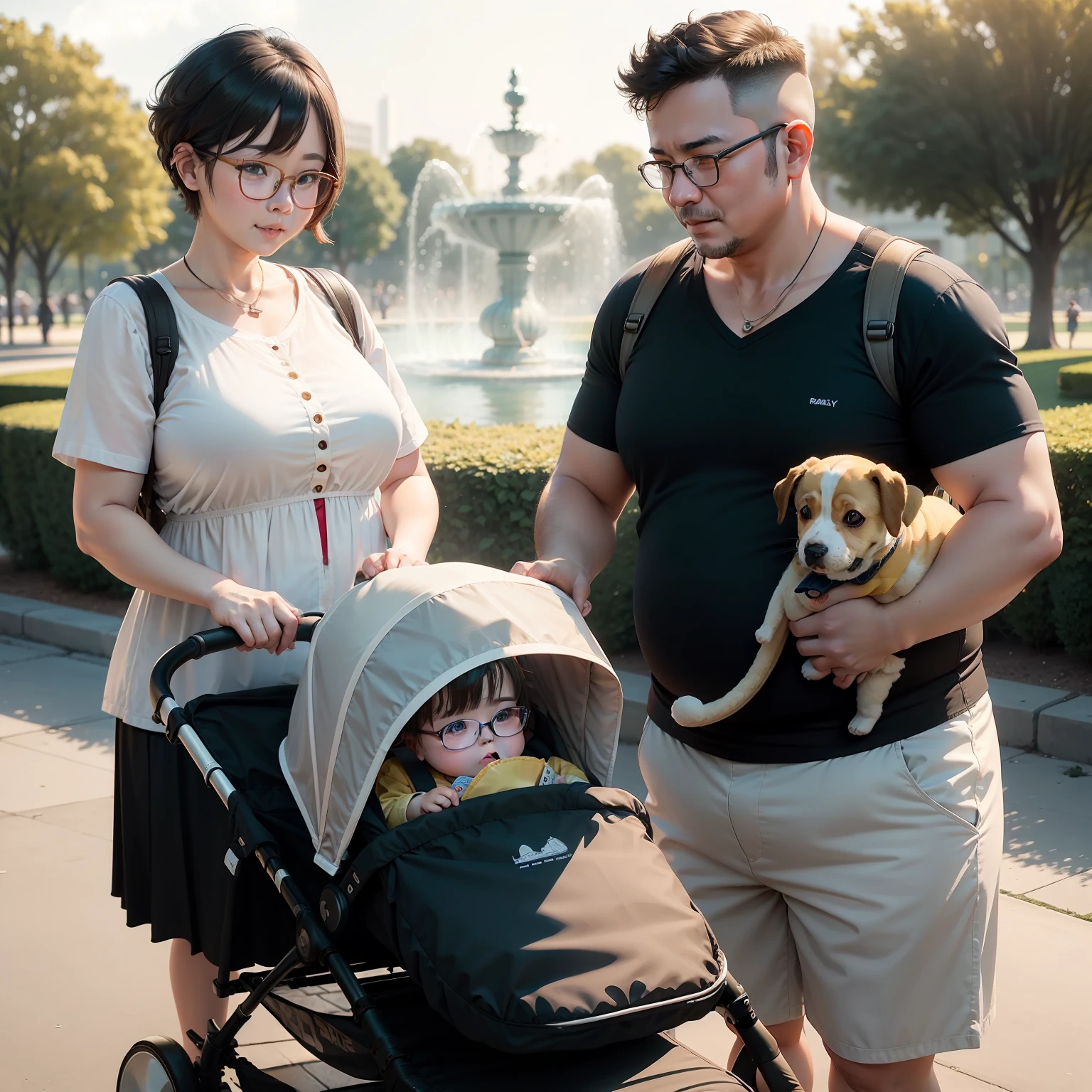 May baby stroller,Mother with short hair wears glasses and skirts,Dad is chubby with glasses,A yellow puppy,A park with fountains,There is sunset in summer,The other grandparents sat and played poker,There are vendors selling balloons