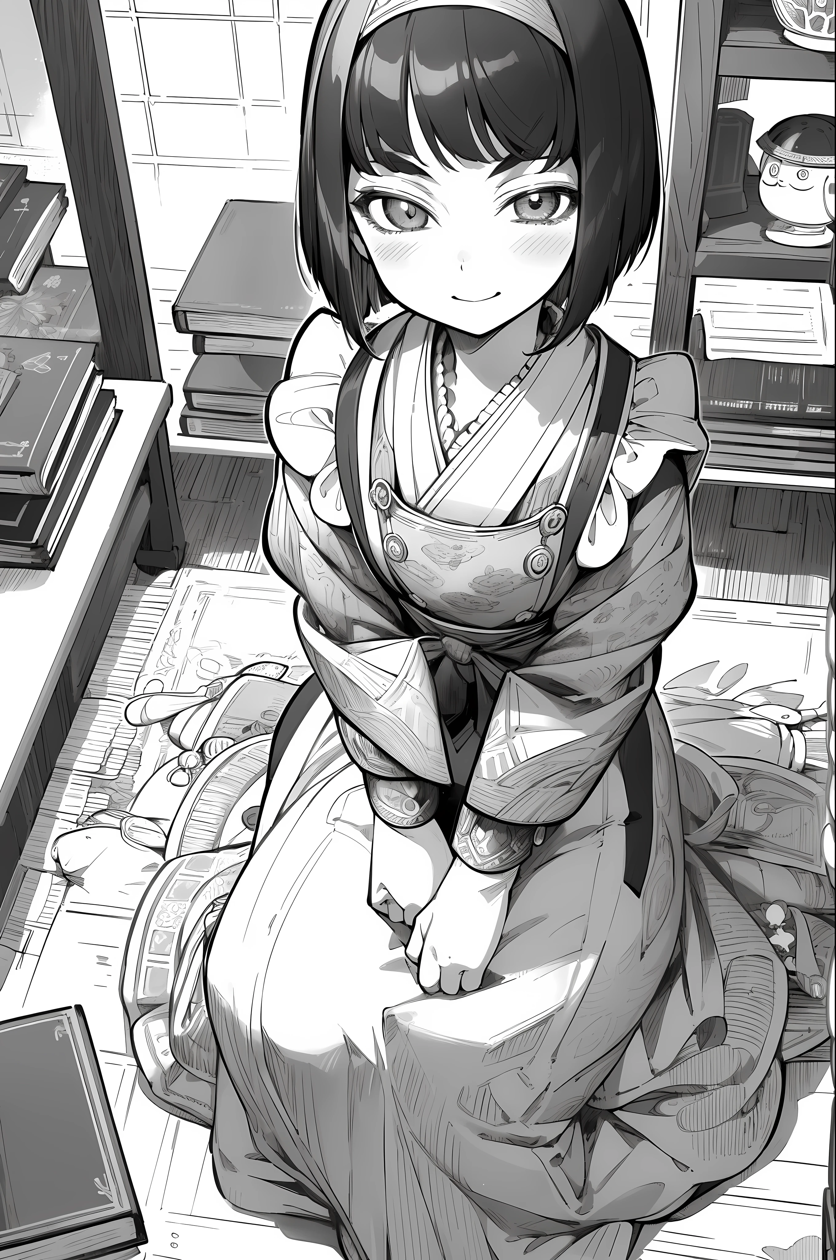 masterpiece, 1girl, solo,  pov, sitting,from above,  smile, ****, traditional maid, maid, greyscale, monochrome, halftone, drawing, manga, otoyomegatari,
British, eyeforcus, bob cut,  face focus, bust shot, many book shelf, study room,