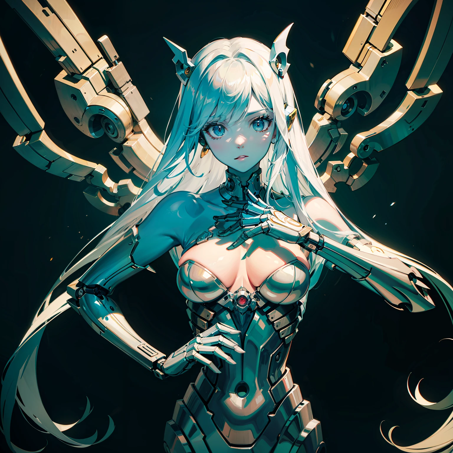 offcial art,Top masterpieces,Robot woman,Mechanical tentacles,Human heads,Mechanical body,Huge mechanical wings,Delicate facial features,had his hands folded,Mechanical torso
