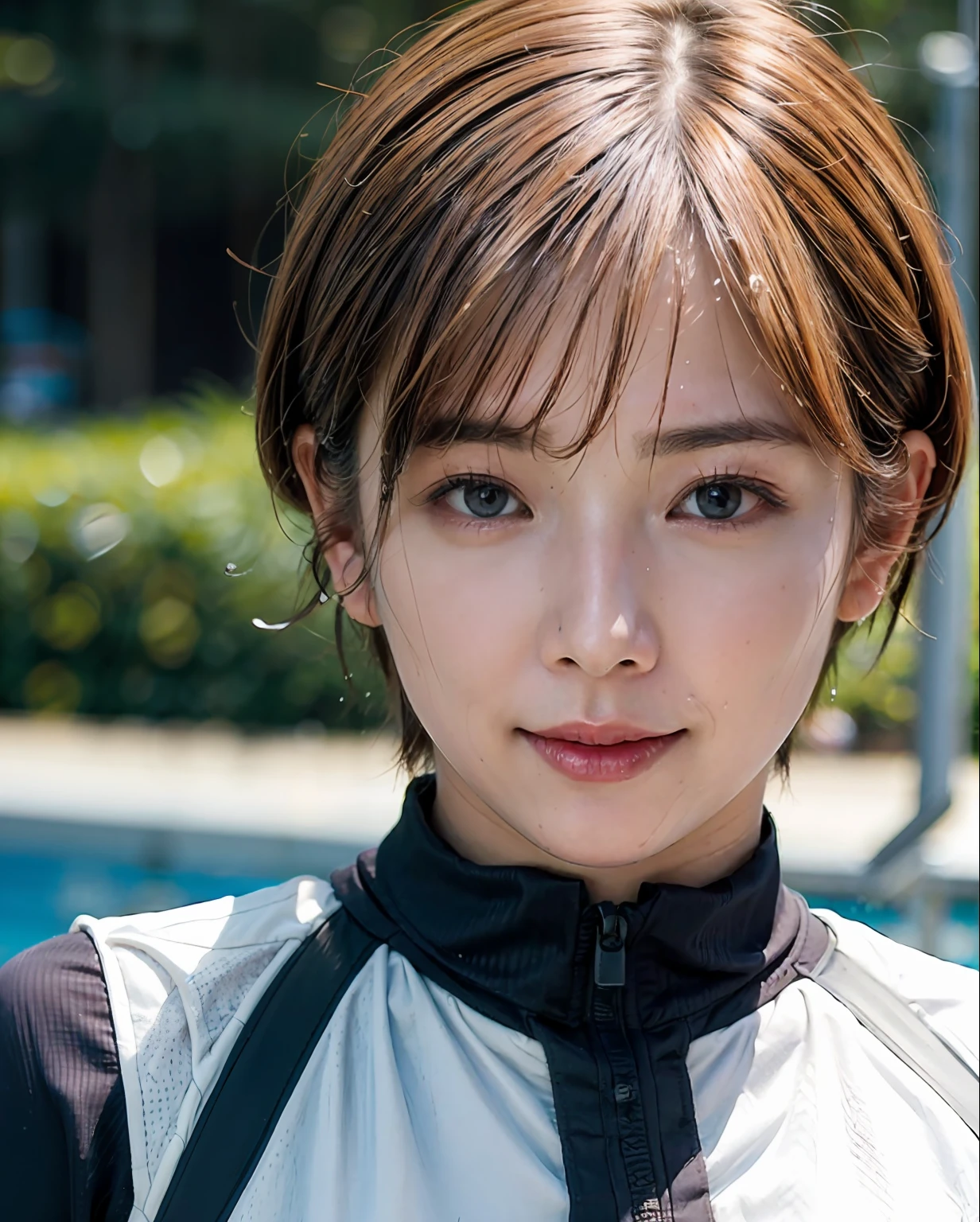 ((best quality, photorealistic, 8k, high res)), 1girl, (skindentation), (professional lighting), (portrait:2), (short hair:1), ((looking at viewer:1.5)), photorealistic, (bokeh), calves plump and muscular, Bending figure, Wet body:3.0, Very detailed skin texture, ((wet volley_uniform:1.3)), Dynamic Pose, (seduction expression:0.75),