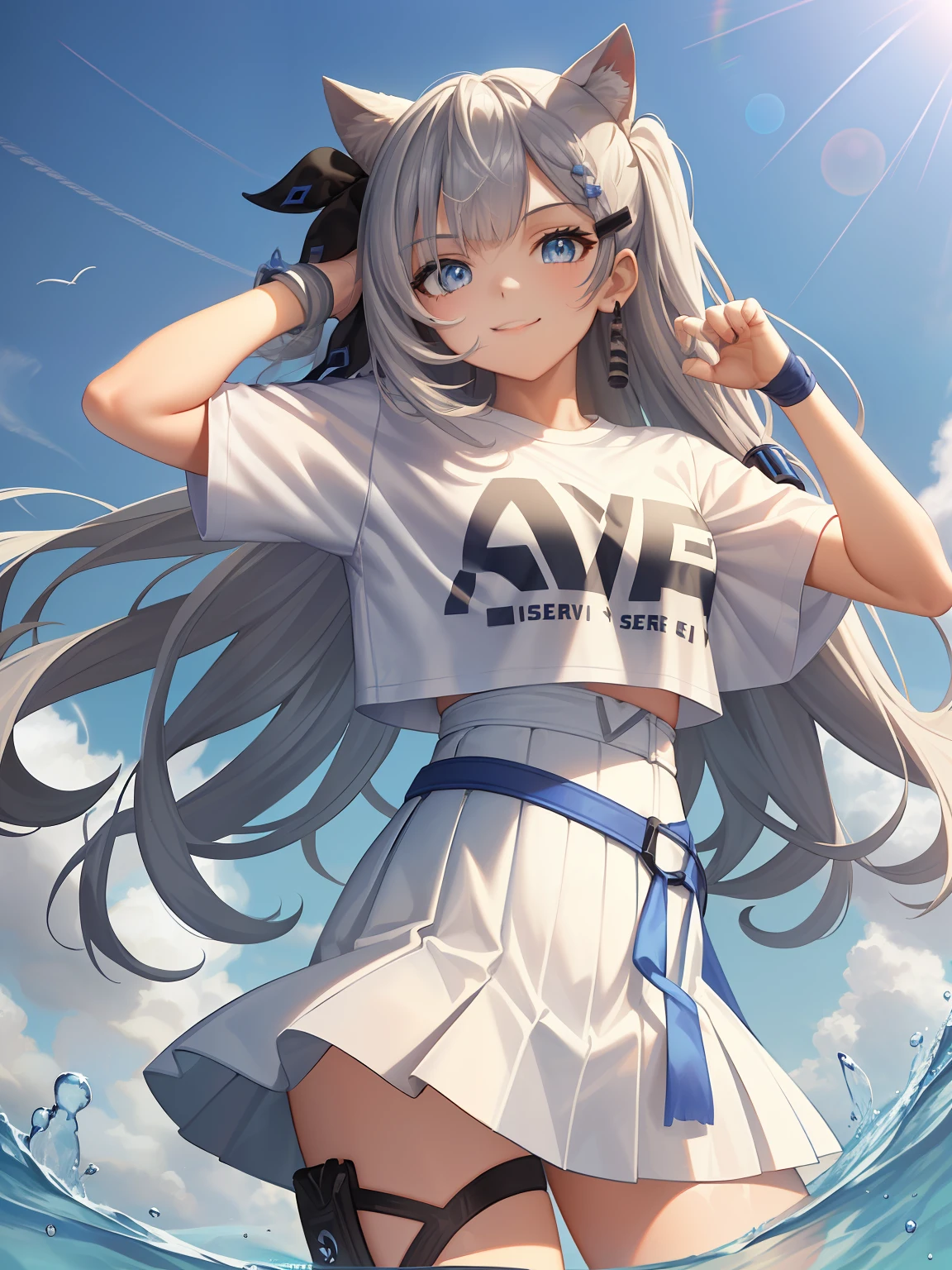 (Masterpiece, Best quality:1.2), Cowboy shot, Solo, 1girll, She dressed Zeta, Virtual YouTuber, Smile, view the viewer, Hair ribbon, hair adornments, White dress, single thighhigh, thigh band,
 Stylish space background one person design full of bubbles fluffy feeling summer sport T embrace space background cyberpunk ((White Ocean blue: 1.3) + (Fashion: 1.1) + (Trendy: 1.2)), (Puma logo ), (Crown rendering), ((Summer sports T-Hu concept + concept art design): 1.3), (8K: 1.3), (2:3 aspect ratio + Q2 warm color), (750 pixels) , ((fashion elements) :( 1.1+ Navy blue and white T-shirt combined with fashion elements)), (Dynamic: 5)