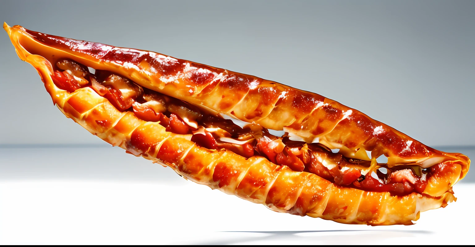 Dried fish on white background，There is a knife in the middle, the ribs, Alabama, seen from the side, long chin, Sausage sausages, shogakukan, 3 4 5 3 1, illinois, Bacon, detailed hot maw, F4.5, Pepperoni, f / 1 1, f/11, highly detailed product photo, Smoked layering