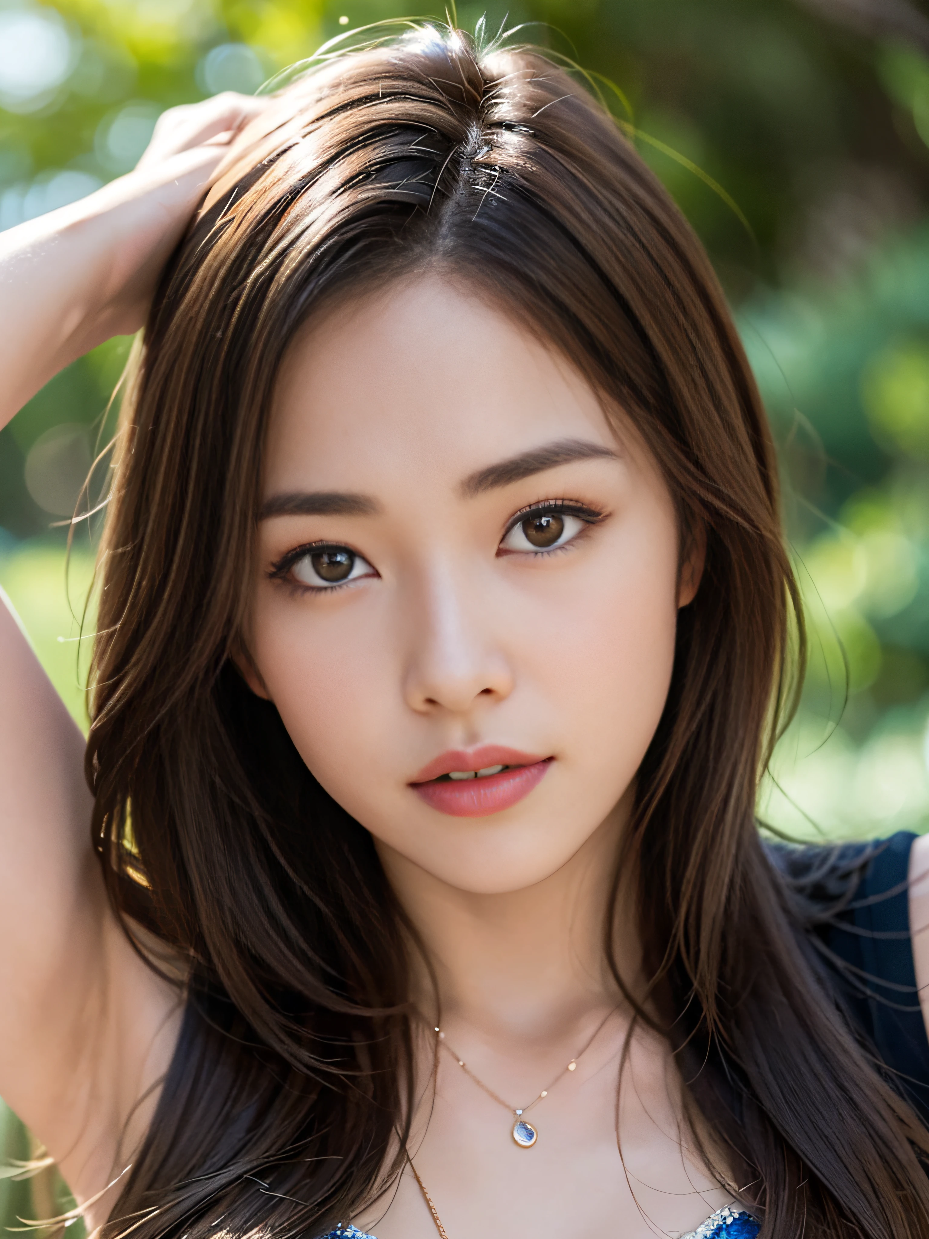 ((Realistic lighting、top-quality、8K、masterpiece:1.3))、Clear focus:1.2、nsfw:1.2,nudde:1.3、1girl in、perfectbodybeauty:1.4、Slim abs:1.1、dark-brown eyes、((dark brown hair、middlebreasts:1.2))、(Acceleration:1.4)、Slender face、Open your legs、Looking at the camera、(24 year old:1.3)、hyperdetailed face、A detailed eye、二重まぶた、a necklace、In the rainforest、