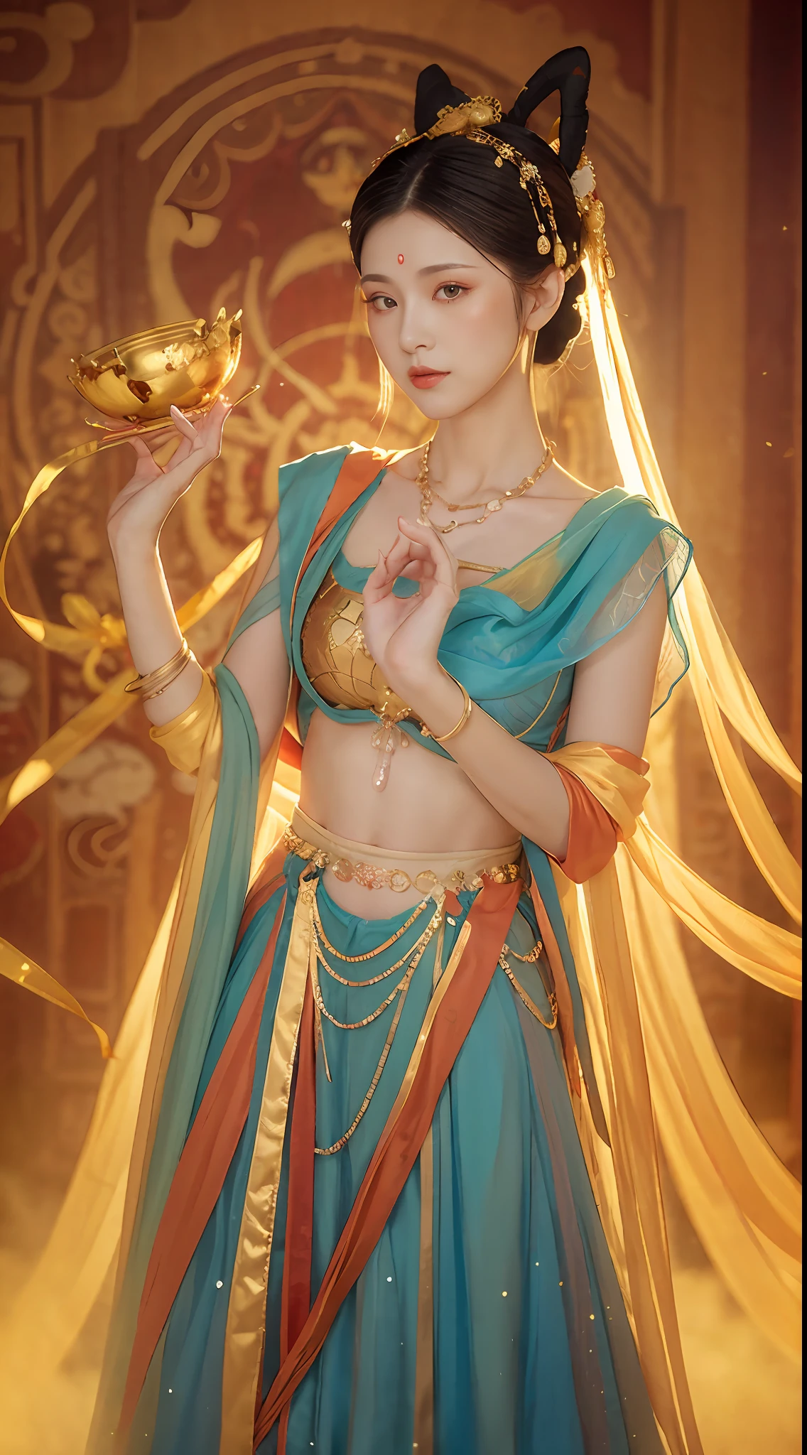 (8K, RAW photo, Best quality, tmasterpiece:1.2), (Realistic, photo-realistic:1.4), (Extremely detailed Cg Unity 8K wallpaper), (1 girl:1.5),Beauty of the Western Regions,(Blue clothes:1.4),There are red spots on the forehead,Pale skin,Blushlush,largeeyes,full bodyesbian,upper legs,Gold-tone waist chain,golden ornaments,Flying ribbons,Particle,The background is the ancient city of Loulan, Ancient city walls,A desert,the detail,Dance, dunhuang_dress, dunhuang_Style,Refined face,Nice face