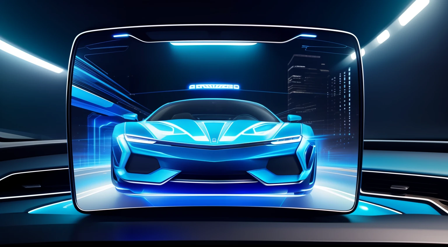 blue colors，Rich and intricate details，AI-generated images of technology present visually appealing futuristic scenarios。In the foreground，The transparent quality of the car's holographic interface floats above the smooth and transparent panel，Exudes a soft and ethereal glow。Holograms show complex patterns、Visualize data and vibrant colors，It represents the fusion of information and innovation。