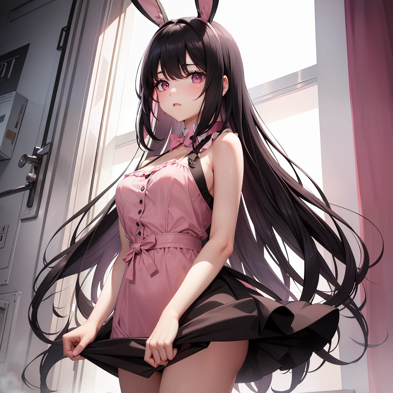 a women, pink bunny ears, black hair, pink eyes, pink dress