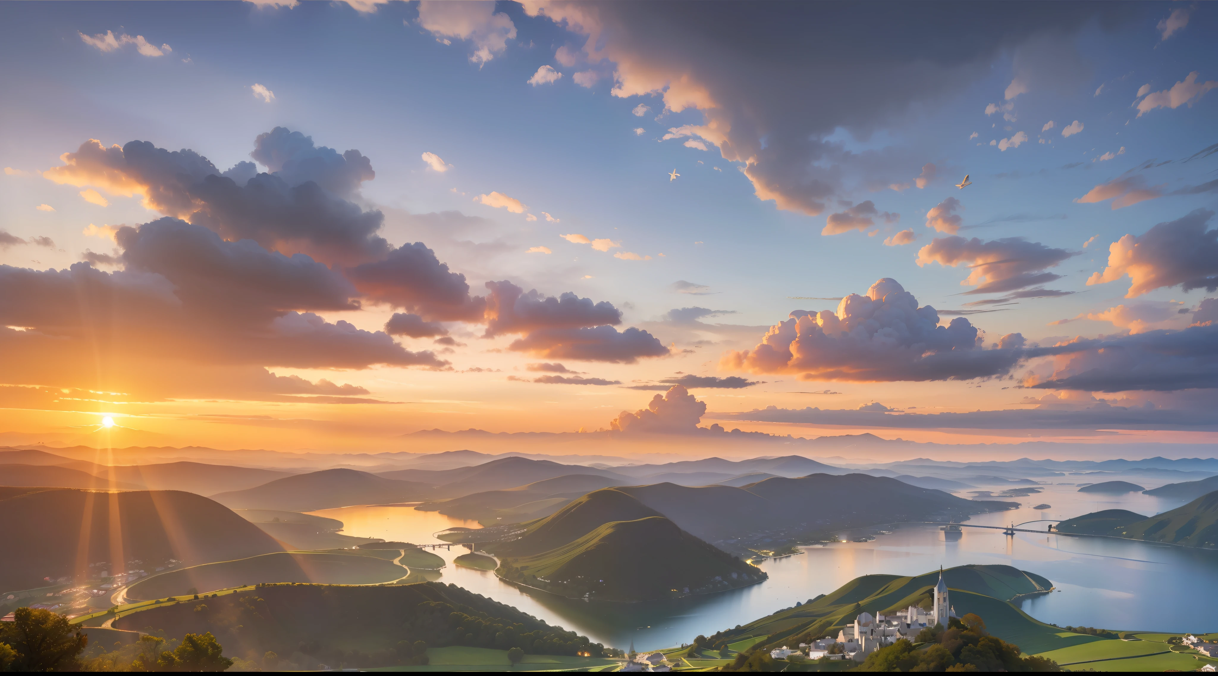 (Surreal)、(hight resolution)、(8K)、 (ighly detailed)、(top-quality、​masterpiece:1.3)、Countryside, lakes and cityscapes、alps、Sunset and big sun、From a bird's-eye view