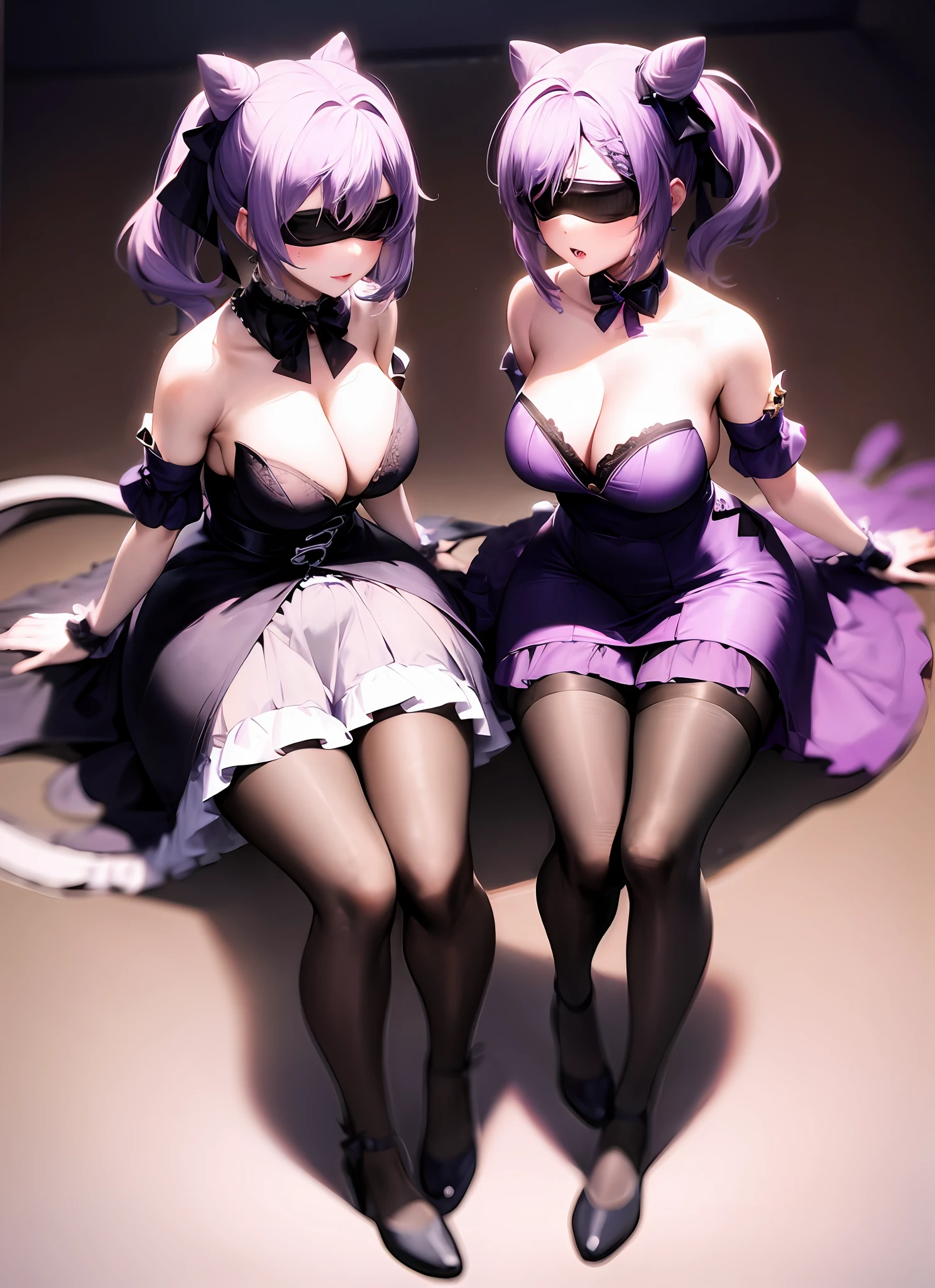 short detailed hair,Lori huge breasts cleavage,lilac purple hair,blindfolds,flatchest,gothic clothing,petite,Full body photo,There are bows on the clothes,black lence stockings,plumw