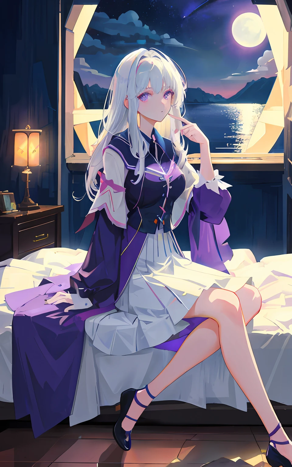 A high resolution, HighestQuali, illustration, Cinematic light, Ultra detailed, Detailed face, (Detailed eyes), Best quality, ultra - detailed, Masterpiece, (Detailed face),1girll, Girl, White hair, Purple eyes, highest details, glowing light eyes, medium breats, sit on a bed, Sitting, Bed, window, Night sky, Lake outside, Moon, full moon, back lit lighting, Light rays, (High contrast), (Colorful),