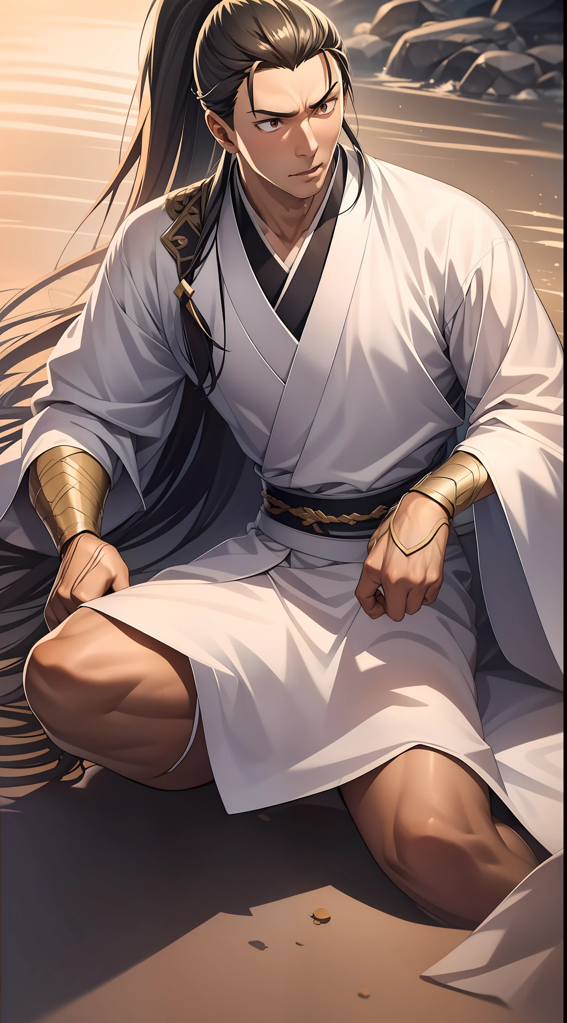 quadratic element,style of anime,mtu(Male Warrior),The proportions are correct,Face details,swordsmen,High ponytail hairstyle,Neck details,There is an Adam's apple,Black Hanfu,kaftan,Embroidered robes,black toga,clothes details,Handing over,longer sleeves,Game quality,Swordsmanship,Light and shadow tracking,Ray traching,detailed glow,cg render,hair detail,cabelos preto e longos,Black ㇏ eyes,Handsome,Handsome,(juvenile sense),Clothing is complicated,Perfectcomposition,Refinement,high qulity,higher details,Lots of details,The background is complex,a sense of atmosphere,