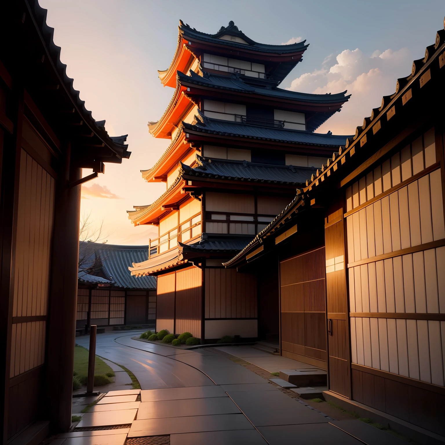battlefiled，Cold weapons，Shogunate period，Japanese-style architecture，the setting sun