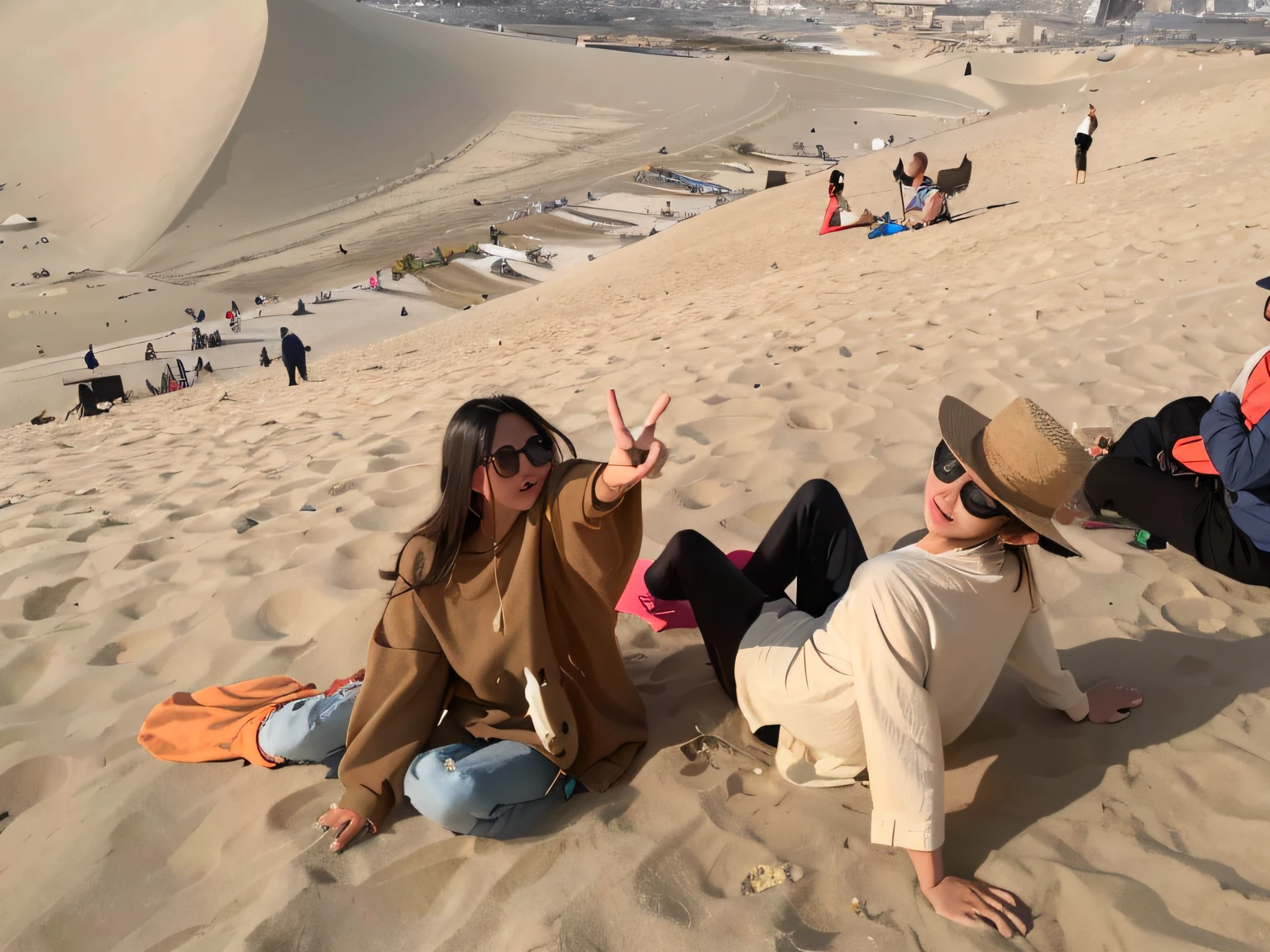 People sitting on a beach in the desert,One person makes a peace sign, in a desert, in a desert, at the desert, abcdefghijklmnopqrstuvwxyz, most perfect desert on the world, dunes in the background, In the middle of the desert, dune style, personal profile picture, Desert!!!, 2 0 2 2 photo