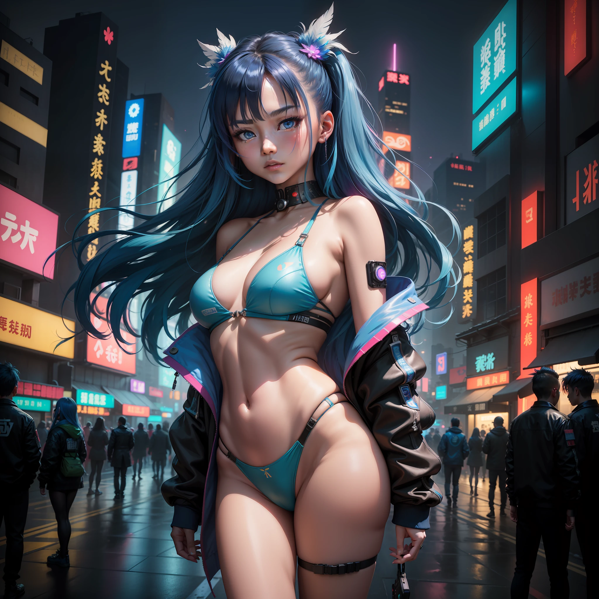 (Masterpiece), Best quality, 超高分辨率,Little girl, cyberpunk 1girl flying above stunning cityscape ,,Blue hair,  neon color shooting stars, Very long hair, cropped shoulders, feathers hair ornament, Neon colors, Twinkle, stunning night sky, Cinematic lighting, Photorealistic, Realistic skin, hdr,Fisheye bikini