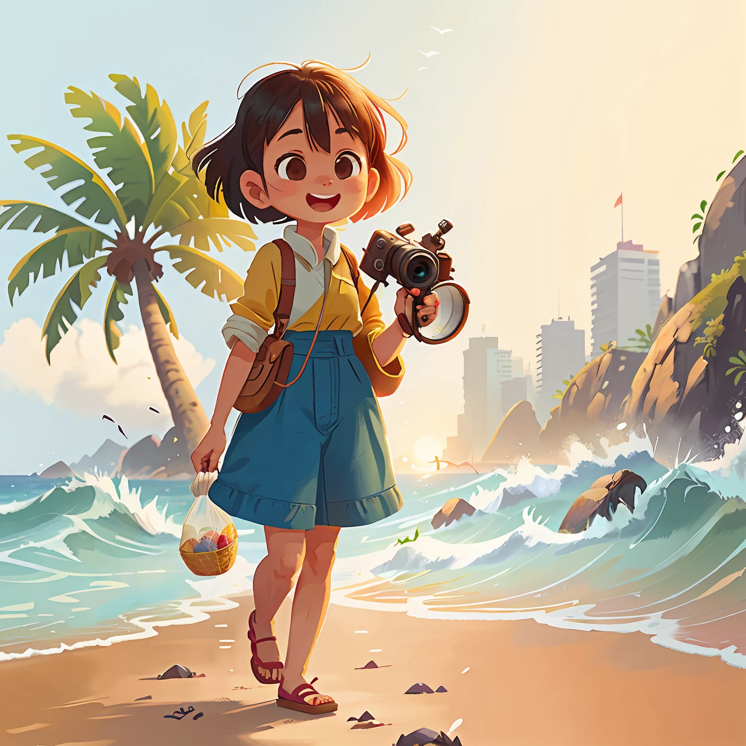 Gorgeous vietnam woman walking , taking photos, with camera, on beach during sunset, wearing muted (clutter - beach: 0.8), (masterpiece: 1.2) (Realistic: 1.2) (Bokeh) (Best quality) (Detailed skin: 1.3) (Intricate details) (8K) (Detail eyes) (Sharp focus), (Happy)