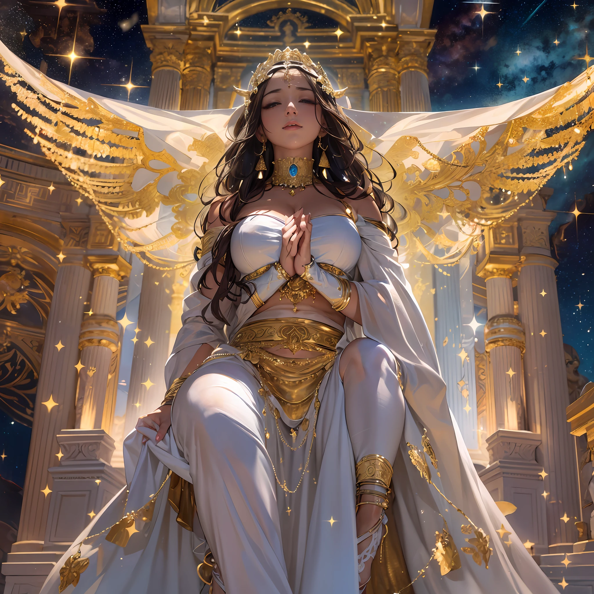 ((best qualtiy)), ((tmasterpiece)), (the detail:1.4), A goddess dressed in a white Greek robe prays to the sky,movie level lighting,Extreme color,Super rich detail,Milky Way Starry Sky,(Gold anklets),high-heels,sacred place