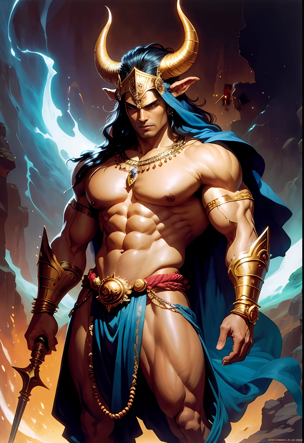 God Yama, masculine, robust, tanned skin, horned helmet on head, gold ornaments, standing in a cave, wearing a blue silk dhoti, silks draped around his torso, slight smile, bulky, sinewy muscles, mace in hand , large ox in the background, front view, full body, graceful, realistic, light effects, by Boris Vallejo, Frank frazetta, Louis royo