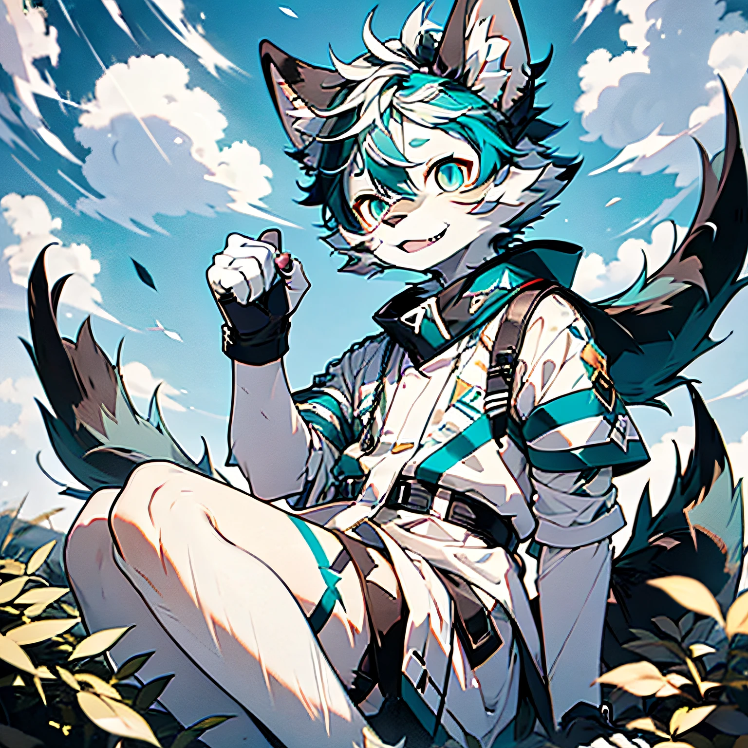 high detil, hyper quality, high resolution,1080p,独奏，furry,（male people，drak：1.8），Head-to-body ratio 5：1 Light bluish-gray hair,teal skin，Azure eyes，White tongue，（Tight gloves：black in color）（White fluffy tail：1.2）Sit on a coastal reef，Legs drooping，Look up slightly at the sky，natural  lightting，detailedbackground。