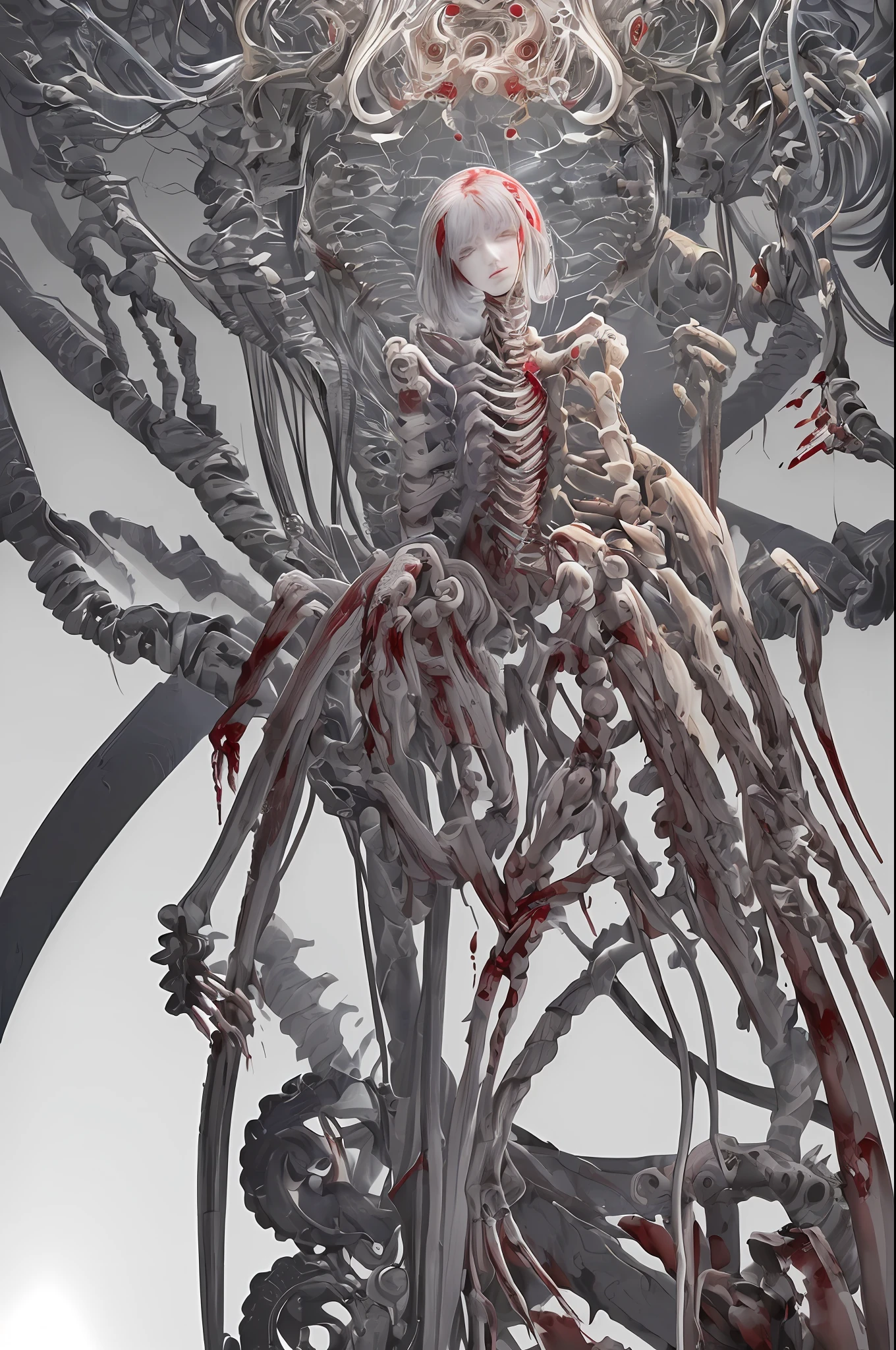 (masterpiece, top quality, best quality, official art, beautiful and aesthetic:1.2), (1girl:1.3), extreme detailed,colorful,highest detailed ((ultra-detailed)), (highly detailed CG illustration), ((an extremely delicate and beautiful)),(from side),cinematic light,((1mechanical girl)),solo,full body,(machine made joints:1.2),((machanical limbs)),(blood vessels connected to tubes),(mechanical vertebra attaching to back),((mechanical cervial attaching to neck)),(sitting),expressionless,(wires and cables attaching to neck:1.2),(wires and cables on head:1.2)(character focus),science fiction,white background,(blood:1.5)