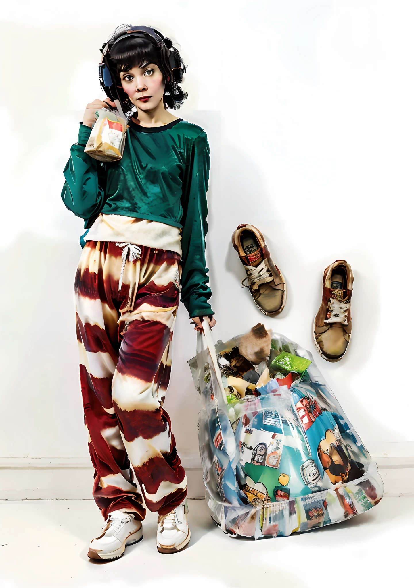 A woman holding a bag of garbage and a shoe, Waldo, Molly from Neuromancer, wearing oversized pajamas resembling Satoshi Kon's style, created by Paul Pope.