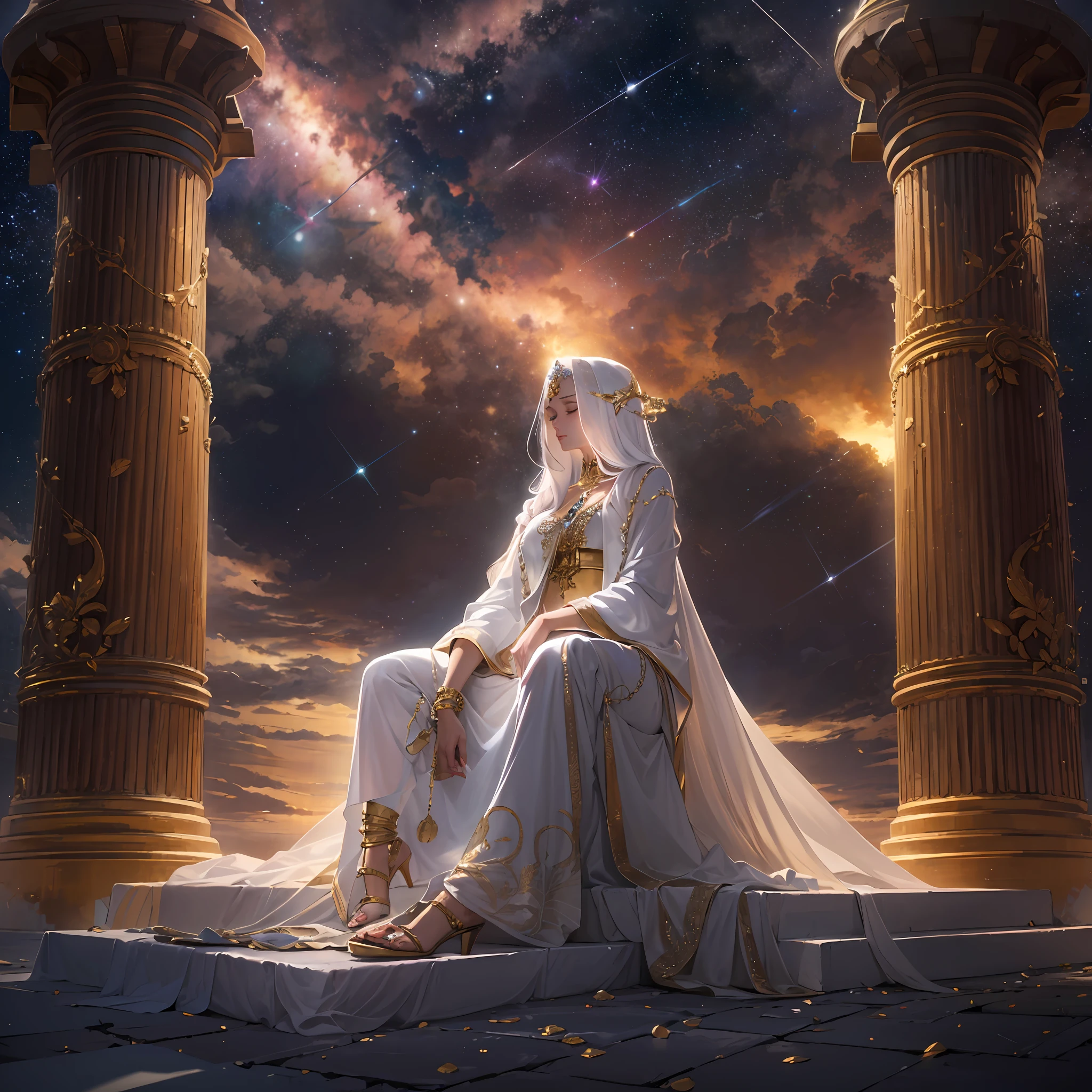 ((best qualtiy)), ((tmasterpiece)), (the detail:1.4), A goddess dressed in a white Greek robe prays to the sky,movie level lighting,Extreme color,Super rich detail,Milky Way Starry Sky,(Gold anklets),high-heels,sacred place