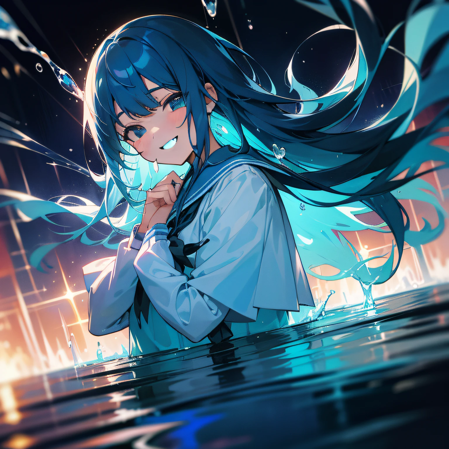 （liquid hair：1.2），schoolgirls，quadratic element。water flowing，water dripping，effeminate，blue colors，Water dress，evening light，Face the lens，adolable，grin，tmasterpiece，best qualtiy，Hyper-Resolution