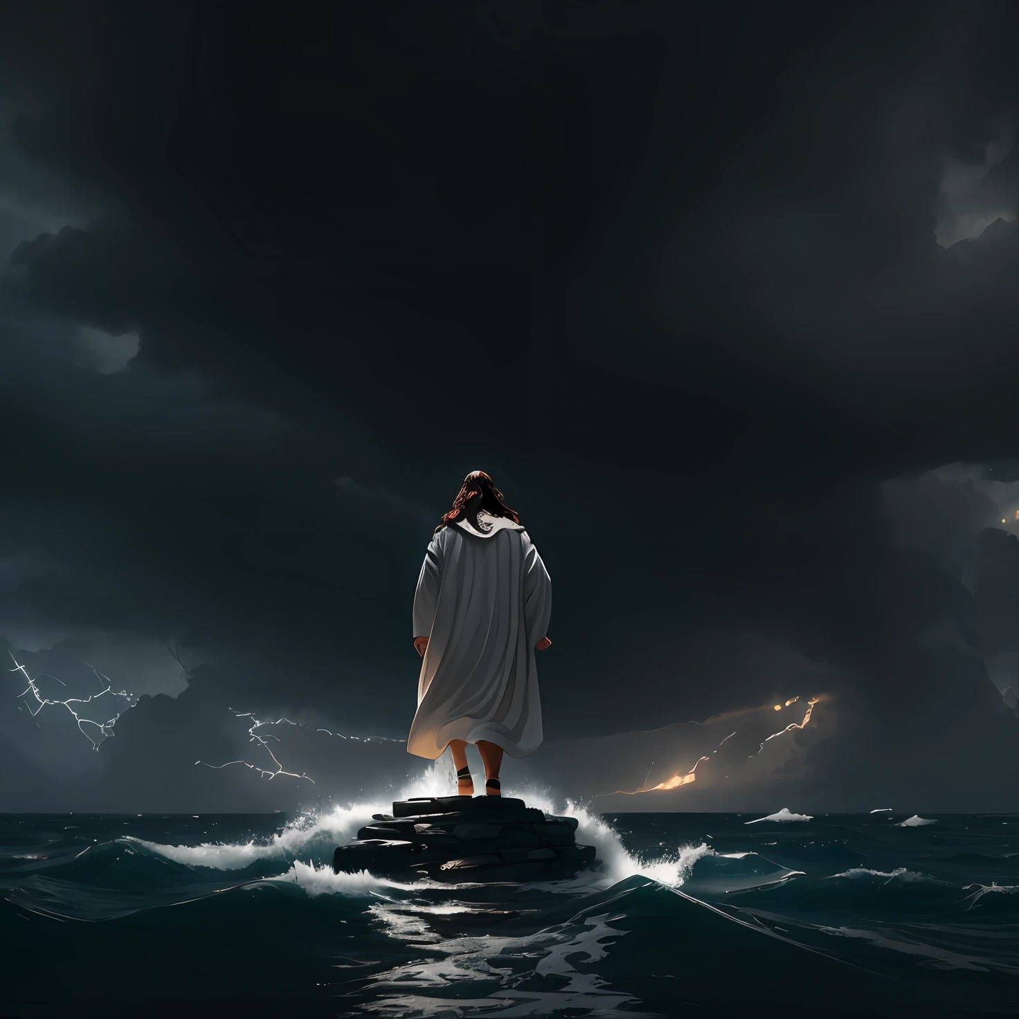 jesus walking on water in a storm, masterpiece, best quality, high quality, extremely detailed CG unit 8k wallpaper, award winning photography, Bokeh, Depth of Field, HDR, bloom, Chromatic aberration, photorealistic, extremely detailed, trending on artstation, trending on CGsociety, intricate, high detail, dramatic, mid-journey art, volumetric lighting