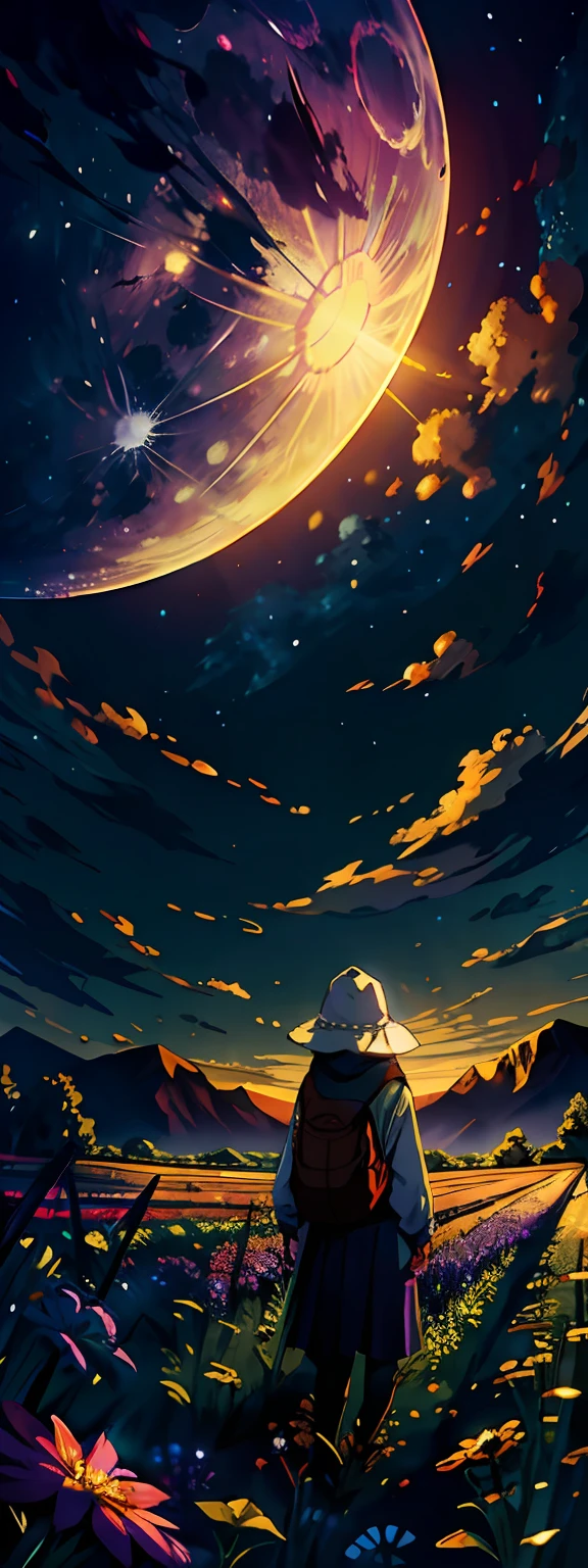 A wide landscape photo, (viewed from below, the sky is above, and the open field is below), a girl standing on a flower field looking up, (full moon: 1.2), (meteor: 0.9), (nebula: 1.3), distant mountains , Trees BREAK Crafting Art, (Warm Light: 1.2), (Firefly: 1.2), Lights, Lots of Purple and Orange, Intricate Details, Volumetric Lighting BREAK (Masterpiece: 1.2), (Best Quality), 4k, Ultra Detailed, (Dynamic Composition: 1.4), Rich in Detail and Color, (Rainbow Color: 1.2), (Glow, Atmospheric Lighting), Dreamy, Magical, (Solo: 1.2)
