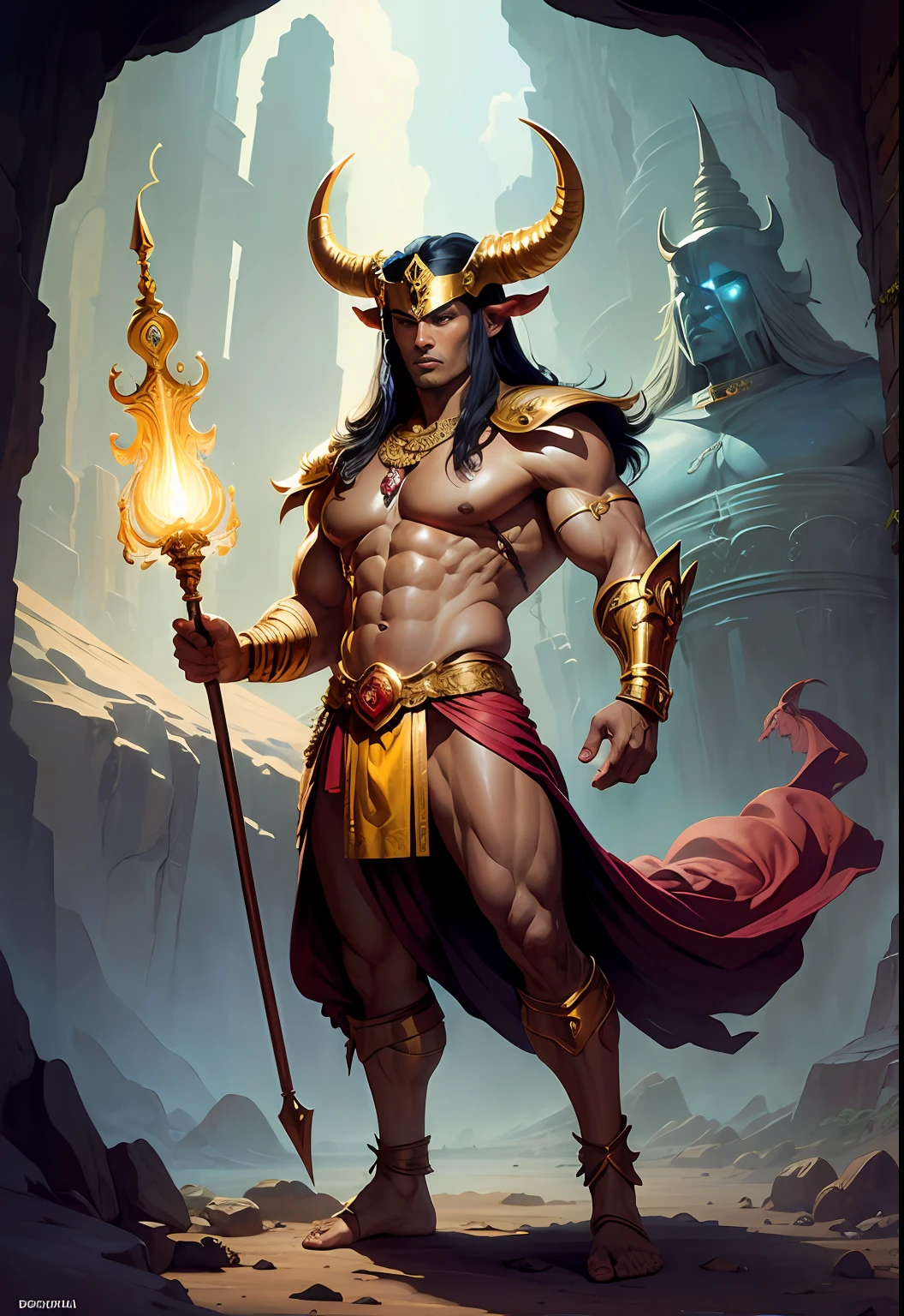 God Yama, masculine, robust, tanned skin, horned helmet on head, gold ornaments, standing in a cave, wearing a blue silk dhoti, silks draped around his torso, slight smile, bulky, sinewy muscles, mace in hand , large ox in the background, front view, full body, graceful, realistic, light effects, by Boris Vallejo, Frank frazetta, Louis royo