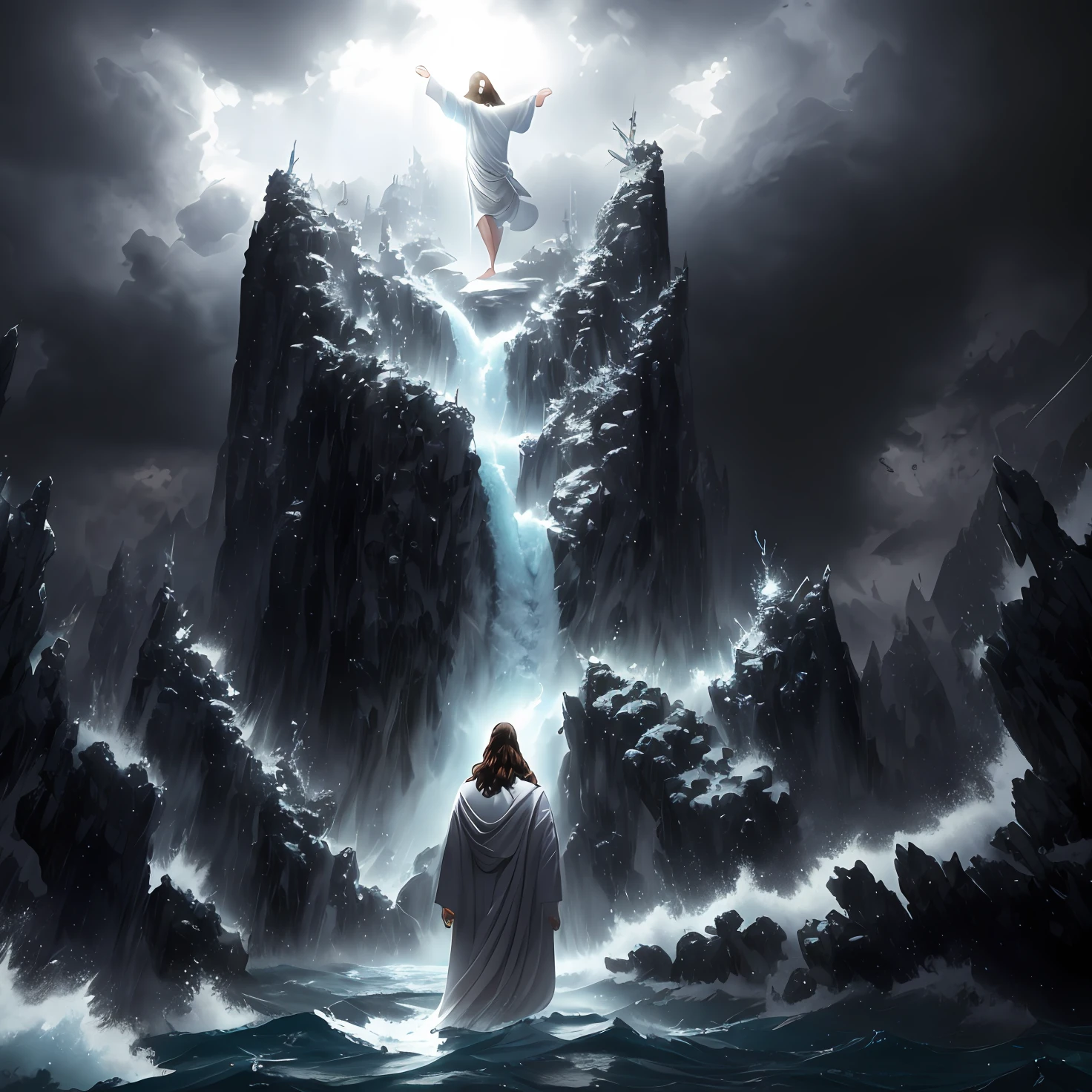 jesus walking on water in a storm, masterpiece, best quality, high quality, extremely detailed CG unit 8k wallpaper, award winning photography, Bokeh, Depth of Field, HDR, bloom, Chromatic aberration, photorealistic, extremely detailed, trending on artstation, trending on CGsociety, intricate, high detail, dramatic, mid-journey art, volumetric lighting