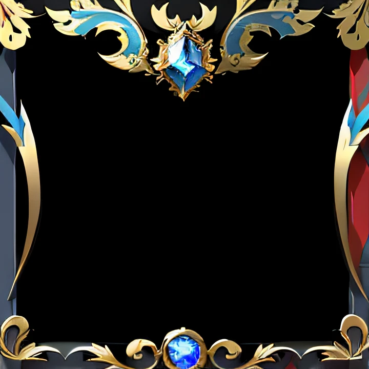 with black background,Game avatar frame,Red and blue color scheme,Ornate metal décor,There are two crossed swords at the top,There is a blue gemstone at the bottom