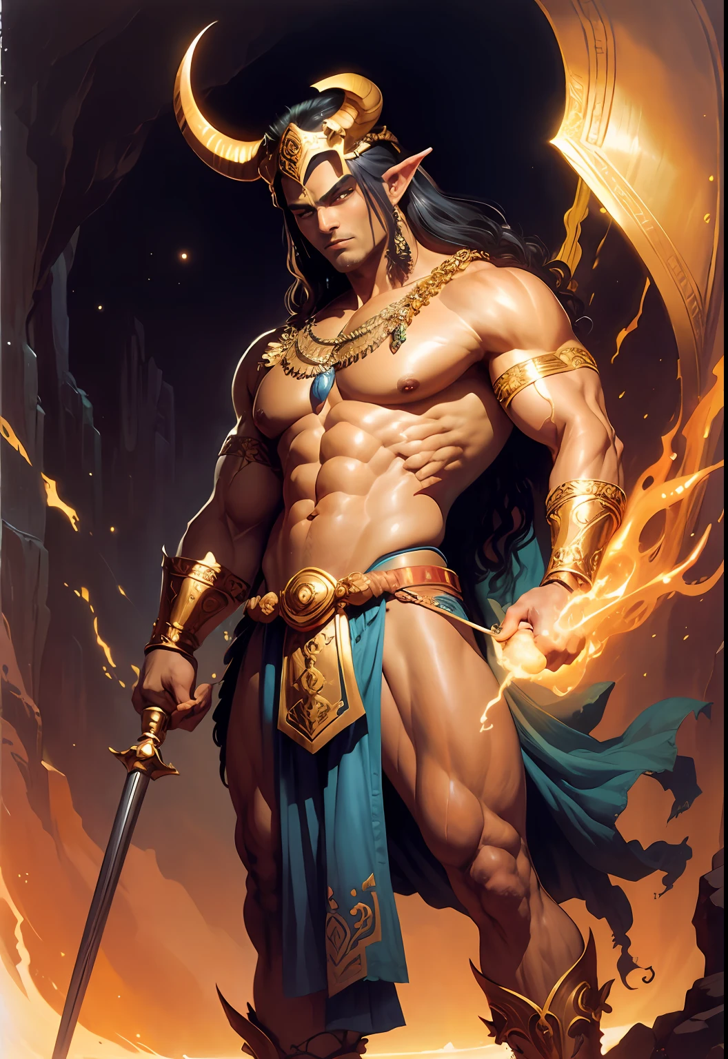 God Yama, masculine, robust, tanned skin, horned helmet on head, gold ornaments, standing in a cave, wearing a blue silk dhoti, silks draped around his torso, slight smile, bulky, sinewy muscles, mace in hand , large ox in the background, front view, full body, graceful, realistic, light effects, by Boris Vallejo, Frank frazetta, Louis royo