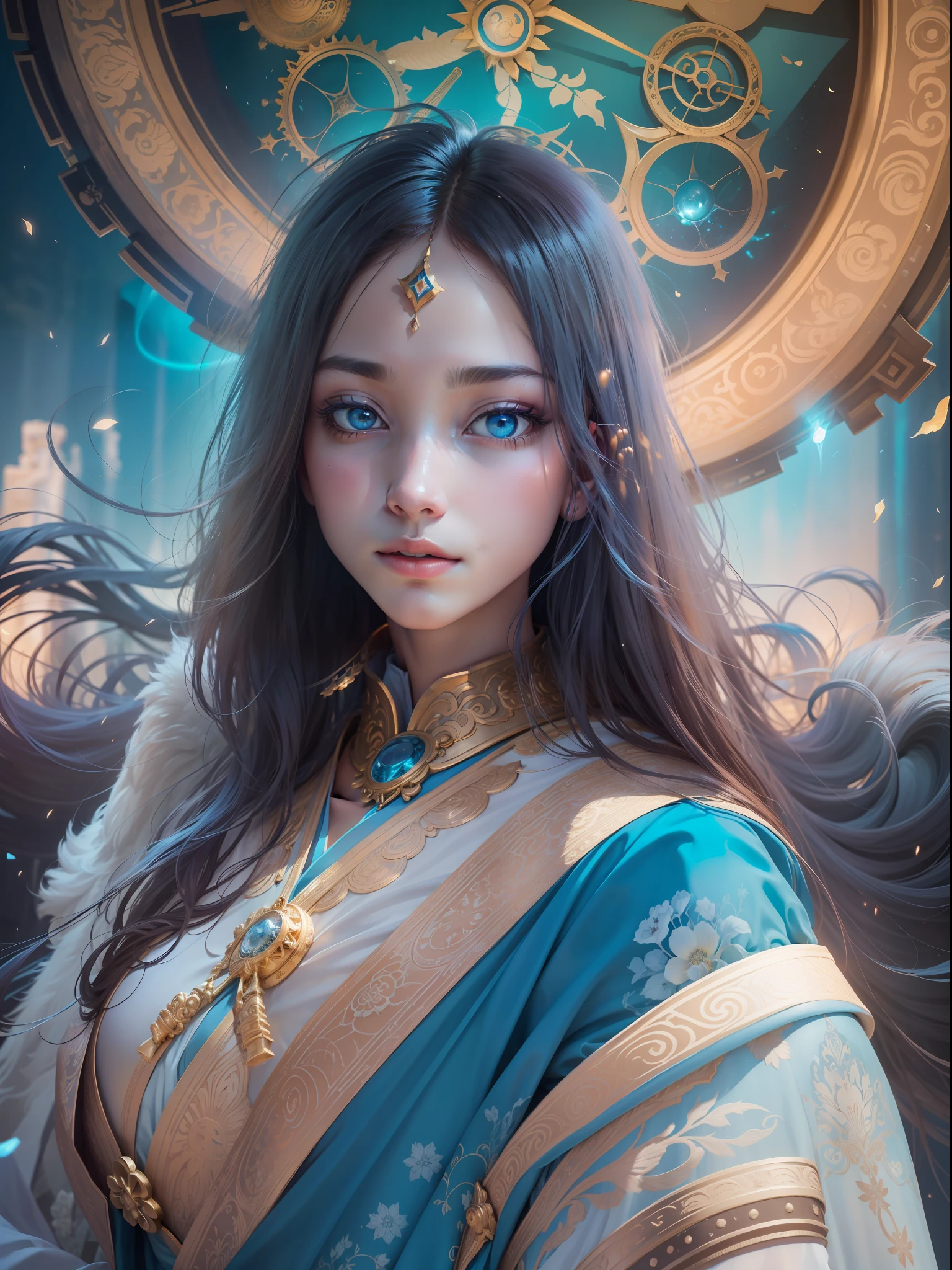 Picture quality:A masterpiece of high detail,8K,High resolution Body content:1girll, old,Sideways position, Broad perspectives,wears a long robe,Glowing hair,long leges,Exudes an aura of majesty and wisdom,The blue Buddha statue Dharma wheel unfolds behind it,Behind him is the mysterious oversized blue wheel blue light,Countless glowing quicksand swirled around this figure,Divine sense top light,The feeling of being high,Background with:A dazzling paradise,enviroment:fanciful,full of sunlight,Buddha is full of light,utopian,The ethereal breath of the Holy Country bathed in the glow of the sky,Hopeful,Divine piety,mystical ambiance:Mysterious unknowable sense of light:sun light,Strong sunshine,Magic beam,The fantasy of the future world is intertwined with reality,Color:Infused with ethereal hues and luminous blue hues,White blue color,High purity color, composition:Ultra-wide angle composition,Faraway view, Style reference:Virtual Engine,The magical texture of blue sparks,Chaotic real world