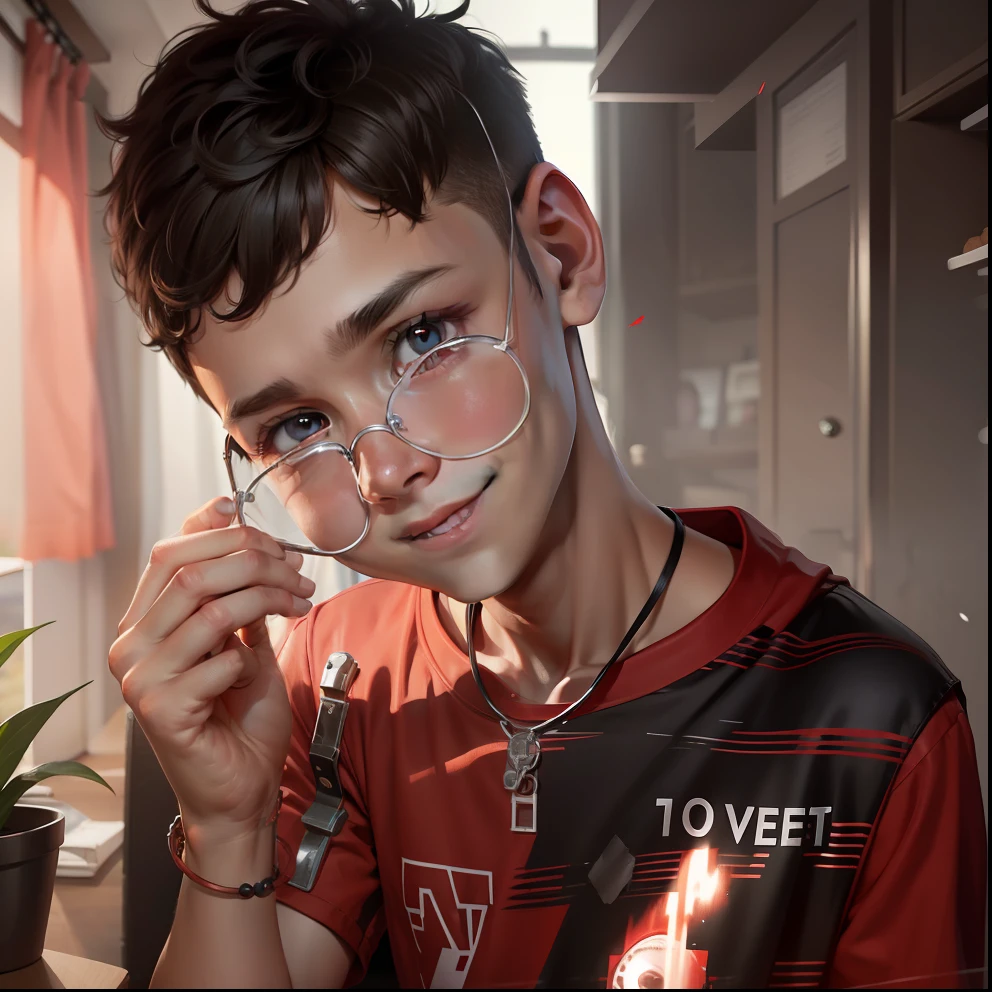 8k ultra realistic boy with little smile and red colour t-shirt and black eyes