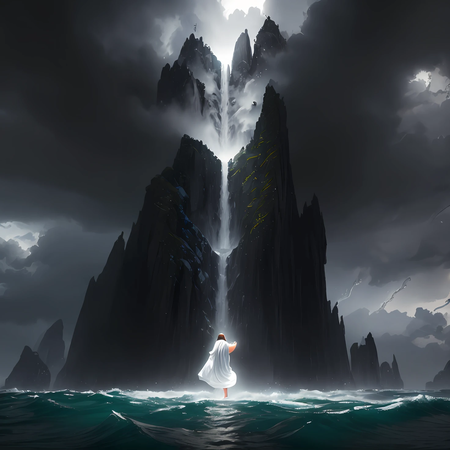 jesus walking on water in a storm, masterpiece, best quality, high quality, extremely detailed CG unit 8k wallpaper, award winning photography, Bokeh, Depth of Field, HDR, bloom, Chromatic aberration, photorealistic, extremely detailed, trending on artstation, trending on CGsociety, intricate, high detail, dramatic, mid-journey art, volumetric lighting