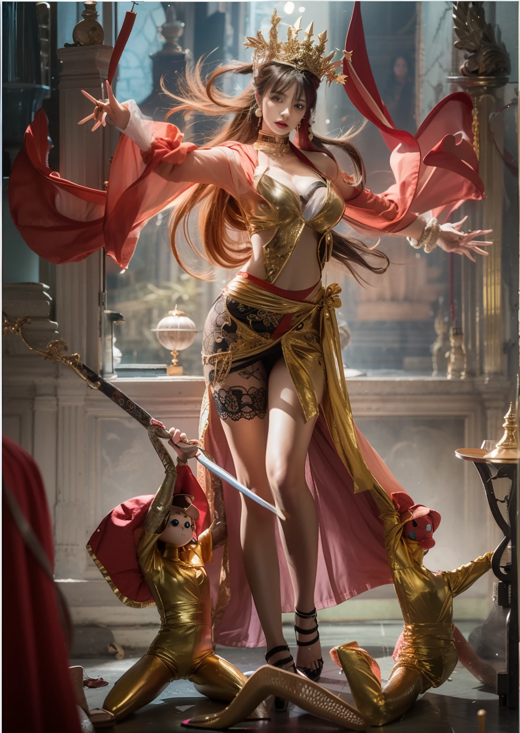 The back of the woman in red，puppet，Blend in with the background