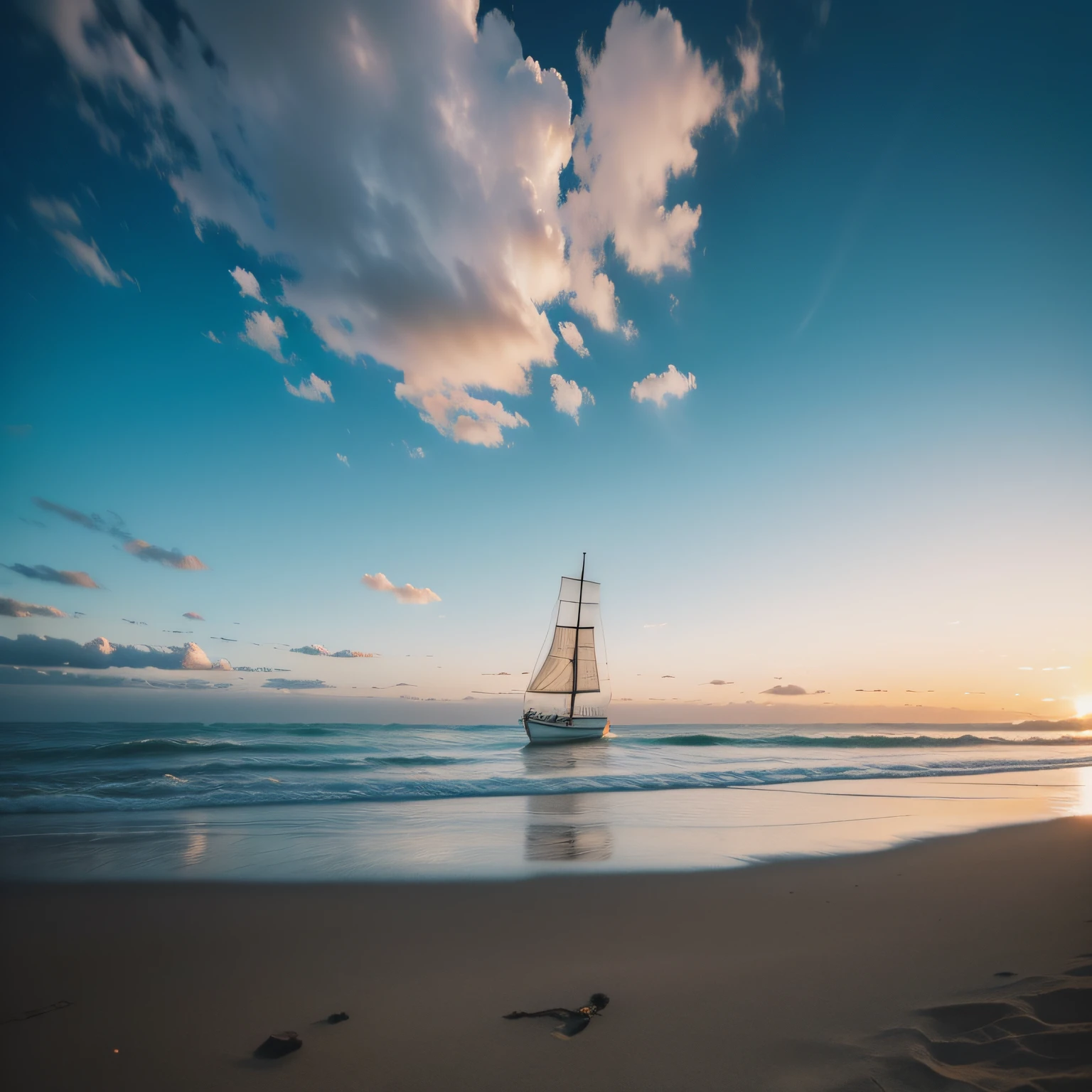 Heart-shaped white clouds,evening light,beachside,sandbeach,Lonely sailboat,Miscellaneous details,Volumetric lighting BREAK(tmasterpiece:1.2), (Best picture quality), 4K, Ultra-delicate, (dynamic compositions: 1.4), Rich in detail and color, (Irridescent color: 1.2), (with light glowing, Atmospheric lighting)