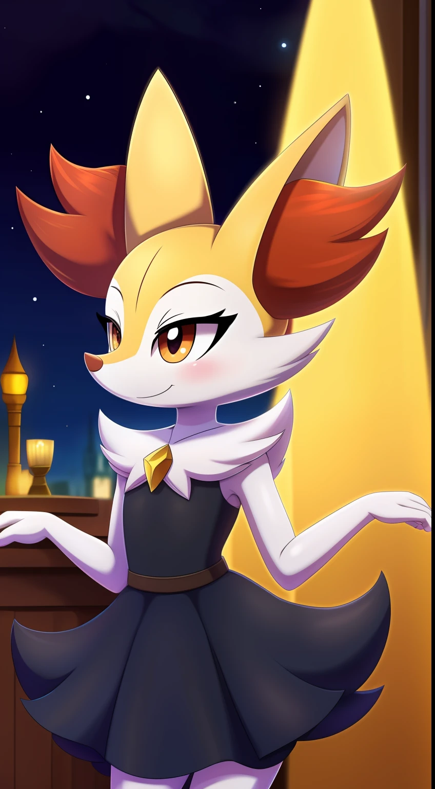 Braixen, obra maestra mejor calidad, estilo de arte de misosouperstar, de noche, publico, fondo de la torre eiffel, luz, vestido de gala negro con estrellas blancas hermosa, joven, gafas,sonriente, caderas anchas,alegre,iluminacion hermosa,loli,flashing anus