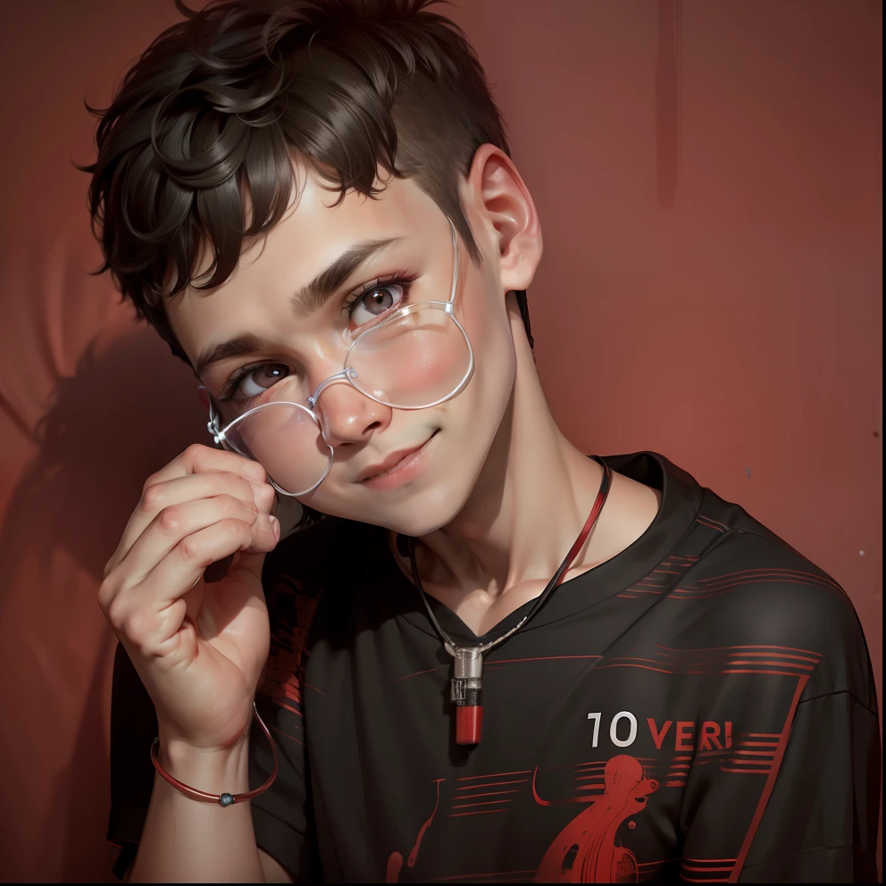 8k ultra realistic boy with little smile and red colour t-shirt and black eyes