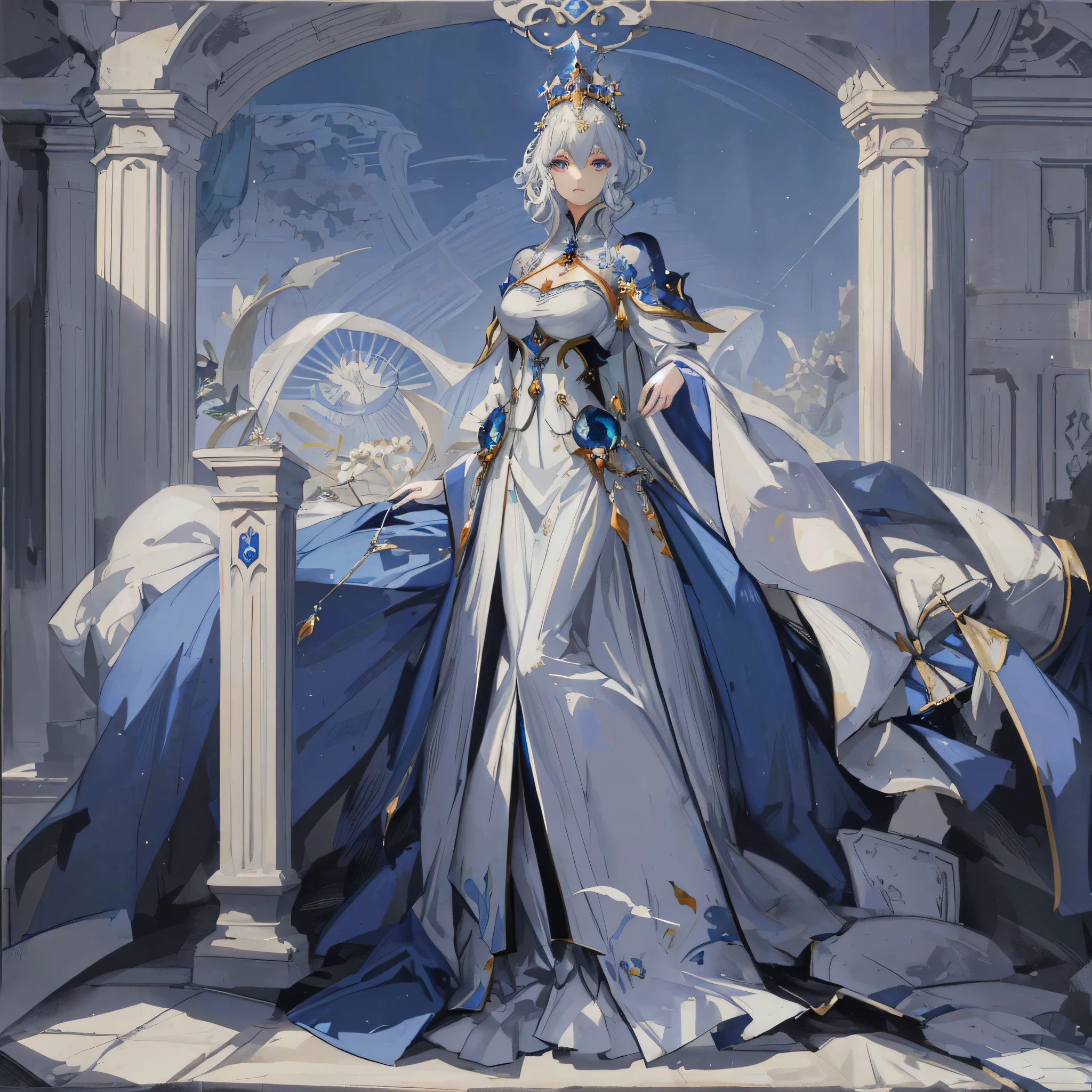 Close-up of a woman in a white dress and blue cape, ((a beautiful fantasy empress)), a beautiful fantasy empress, Beautiful character painting, Anime goddess, guweiz masterpiece, Guweiz on ArtStation Pixiv, portrait of queen of light, Guweiz in Pixiv ArtStation, by Yang J, Guviz, epic exquisite  character art，Two-dimensional face，Mature face，Two-dimensional woman，Adult women，A cold expression，Behind him is the desk，Stocked with books and sundries，Classical colors，European classical style