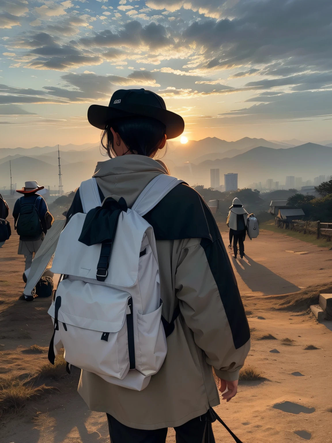 On the hill stood a man with a white backpack on his back,Photo in Park Ji-min's style,during sunrise,haze over the shoulder shot,Wear a black fisherman's hat,Sunrise facing the distance