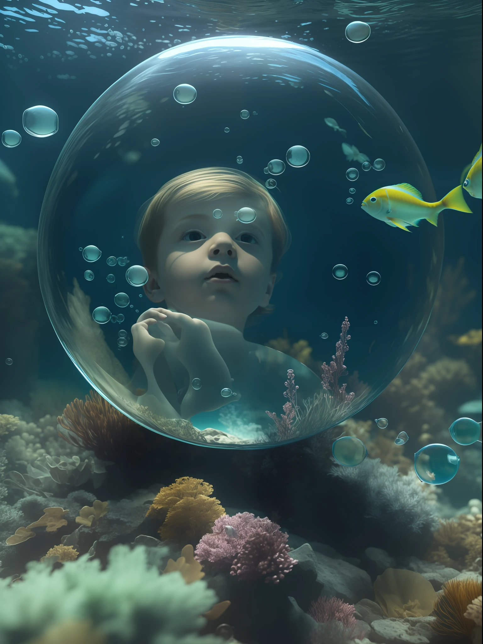 An underwater scene where fish swim, in the style of Rene Magritte, A watches in wonder from his bubble, High key lighting, Liquid Bismuth, Underwater cave, Close-up shot of the kid amidst this surreal scene, Rendered by Alec Soth with unreal engine 5, Luminism, cinematic lighting, blurry foreground, foreshortening, retina, textured skin, anatomically correct, best quality, award winning