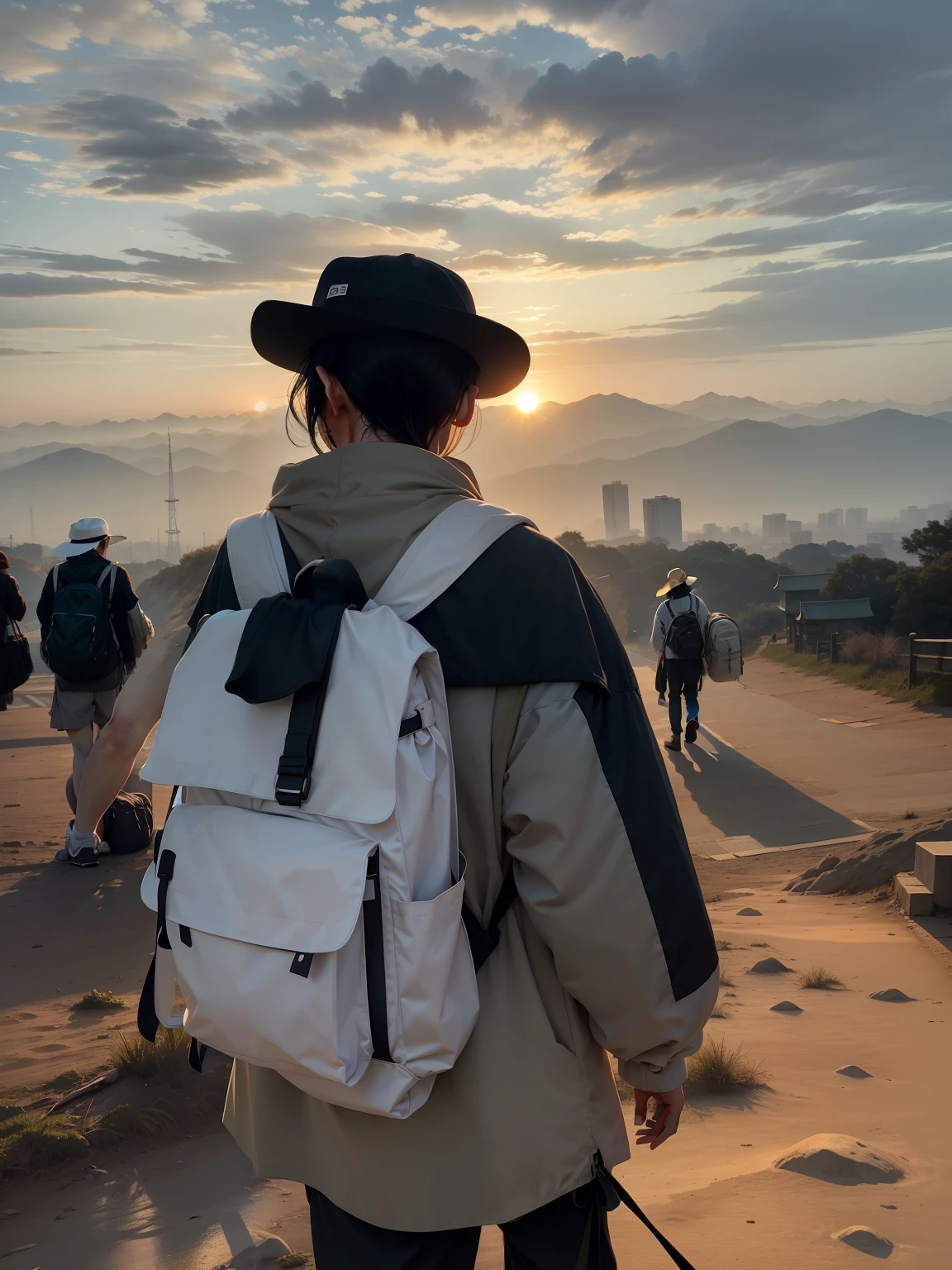 On the hill stood a man with a white backpack on his back，Photo in Park Ji-min's style，during sunrise，haze over the shoulder shot，Wear a black fisherman's hat，Sunrise facing the distance