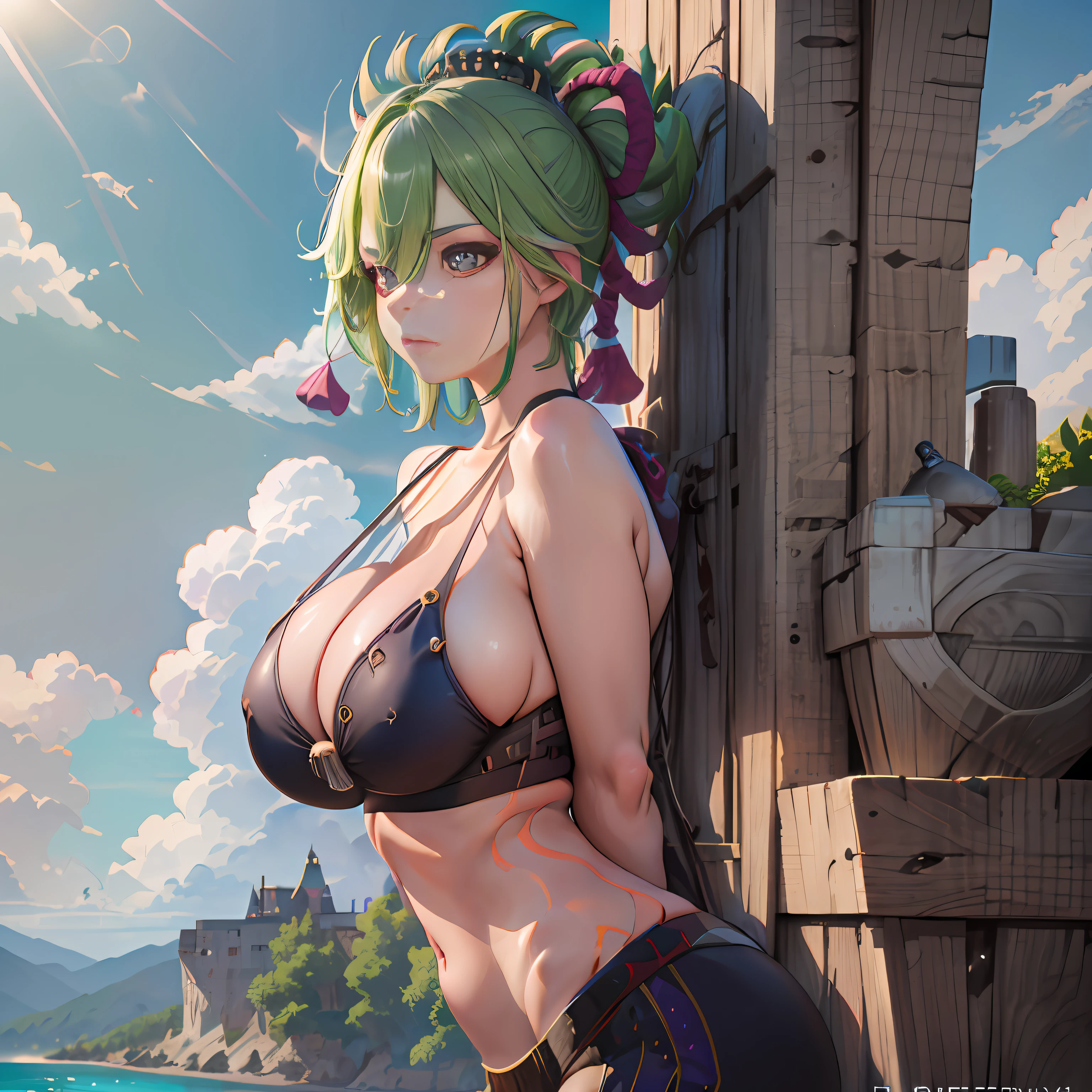 a girl. , (NSTDA.:1.2), (10, beste-Qualit, master-piece: 1.4), ultra-high resolution, (lifelike, photorealistic portrait: 1.48), 25 years old, Cute Girl, (See through the microcolor bikini beetle:1.11), Famous Japanese actors, gigantic breasts, Blue Eyes, Head tilt, cowboy shot, from the side, looking at the audience, expressionless, Beautiful lake, Zeiss 150mm F/ 2.8 Hasselblad, Whole body, foot, Ultra-Wide Angle