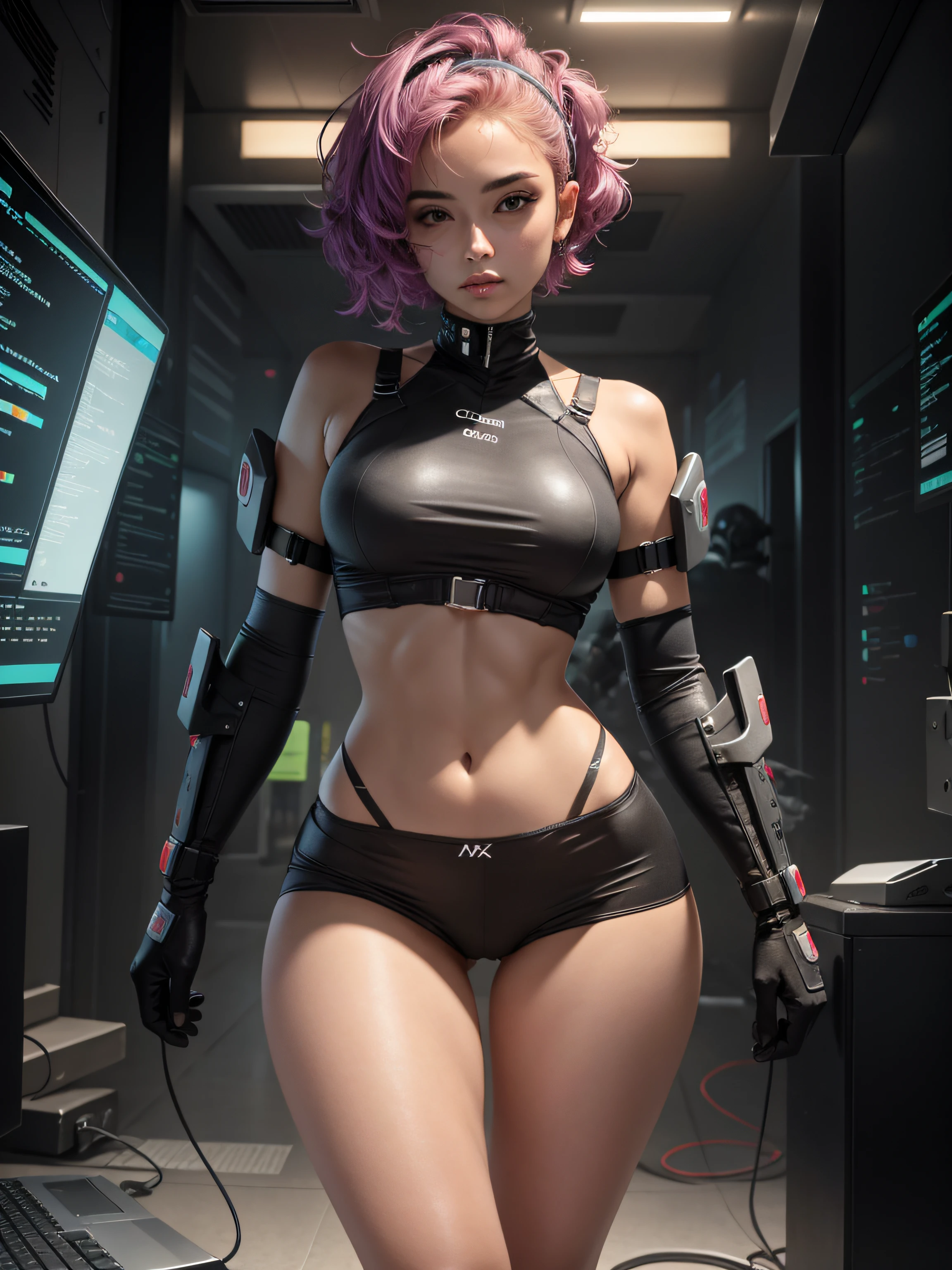 Mulher definida com corpo tonificado e coxas volumosas, Cyber Parts, wearing short underwear.