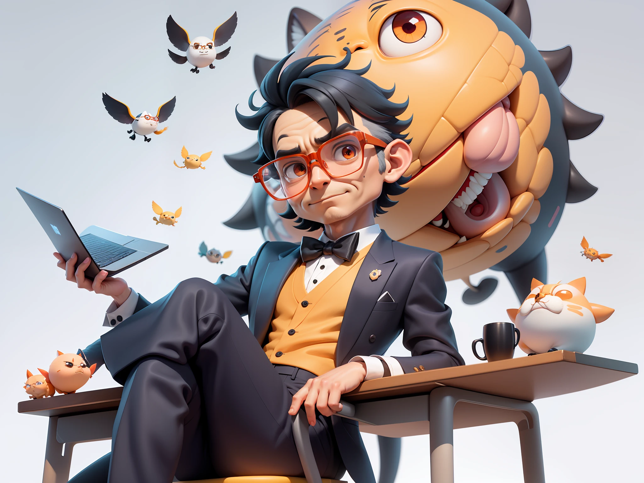 A young man in formal clothes,Short hair and glasses,Sitting at your desk,holding laptop,digitial painting,cartoonish style,4K HD illustration,Very detailed facial features,tigre,Mark Clairdon,by Pixar,3D character design:Hayao Miyazaki and Akira Toriyama, Cartoon-style visuals。