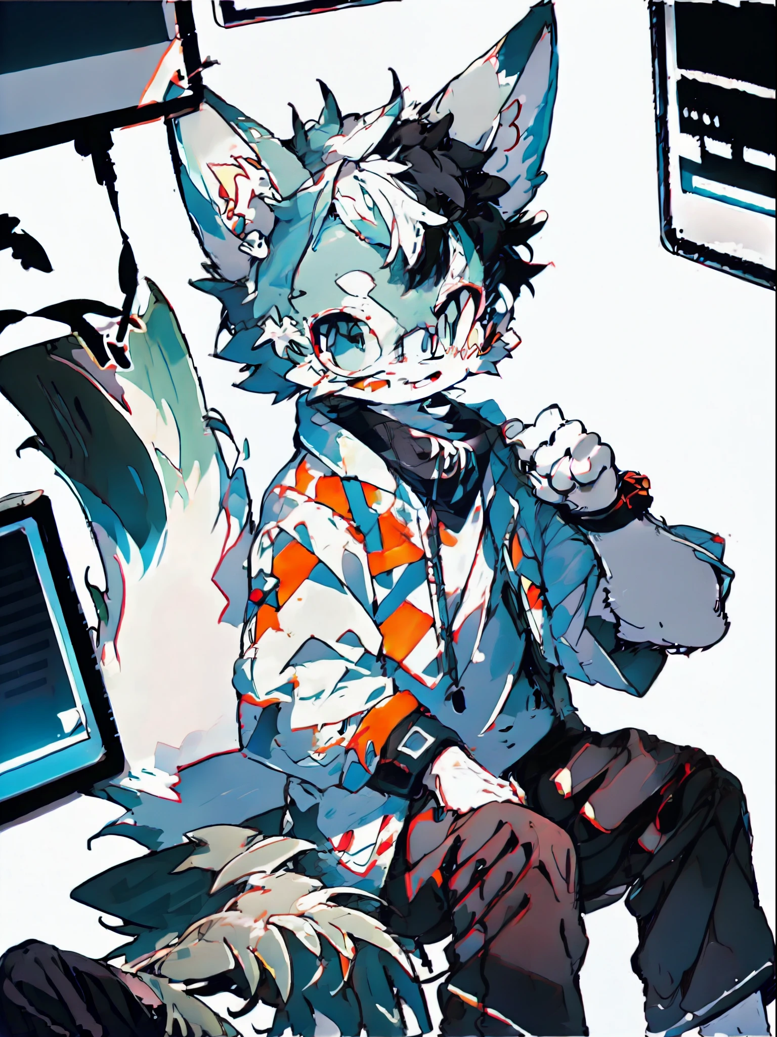 depth of fields,lighting perfect,light particules,(best qualtiy),(tmasterpiece),(ultra - detailed),Sharp focus,light particules,niji,eyesgod,Blushlush,rad_eyes,looking_at_viewer,smile,solo,furry,animal_ear_fluff,open_clothes,full bodyesbian,Wear a white coat,Black loose pants,Black sweatshirt,wears glasses,man,Young person,white colors,Computer Engineer,sit on chair,In a warm interior,Room with good light transmission