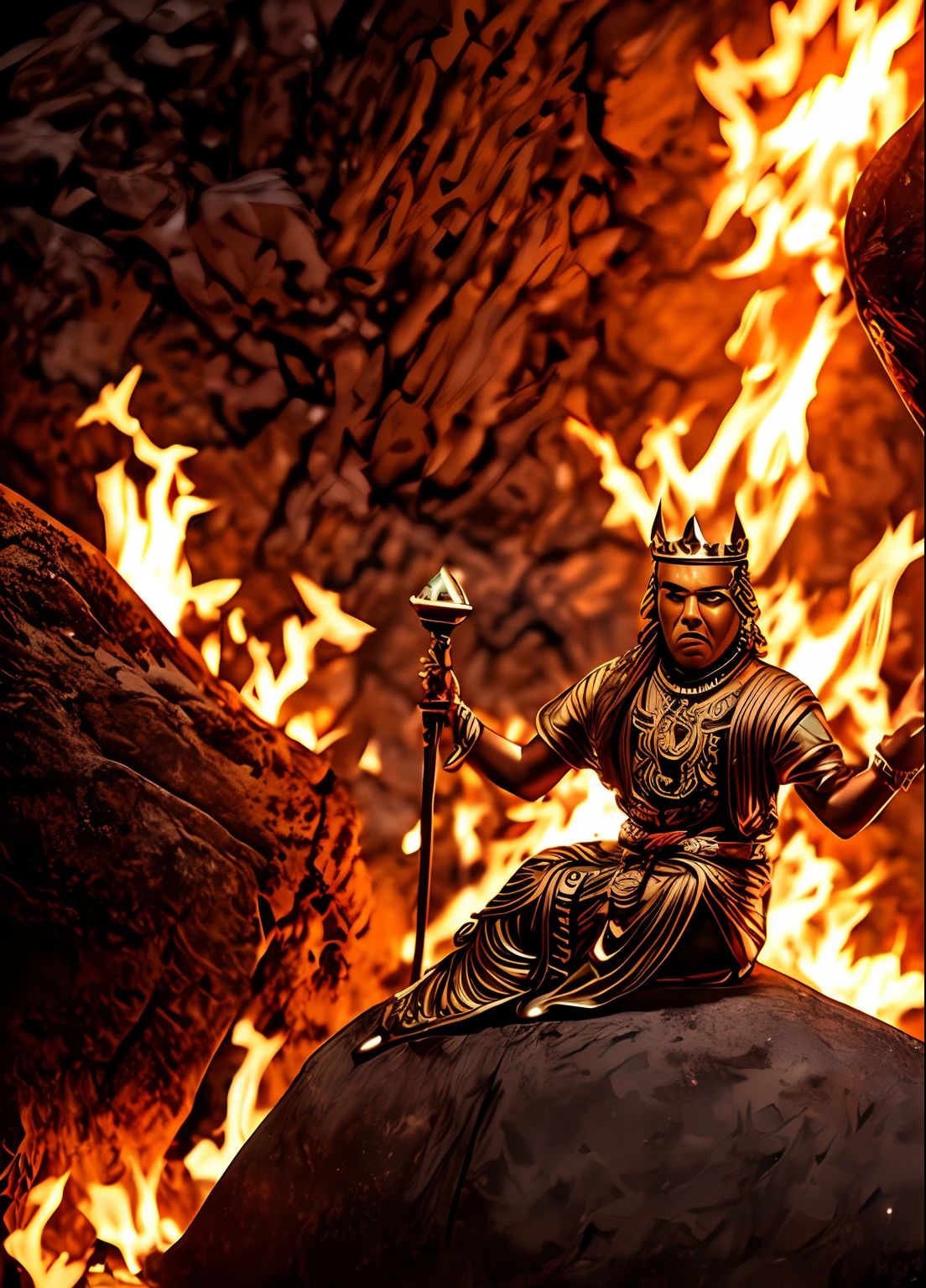 The tall and angry mighty King Luxming, Holding a single-stranded pestle in his hand，Tiger teeth exposed，Shiny skin，jewelry，choker necklace，Yingluo，Pedras preciosas，The whole body is on fire，One foot on a rock，Head background with glowing circle，In addition to the role, The picture is all fire，Flames fill the picture，The fire burst into the sky，（tmasterpiece）， best qualtiy， 超高分辨率，closeup cleavage，  cinmatic lighting， high detal，  dramatics， Photorealsitic