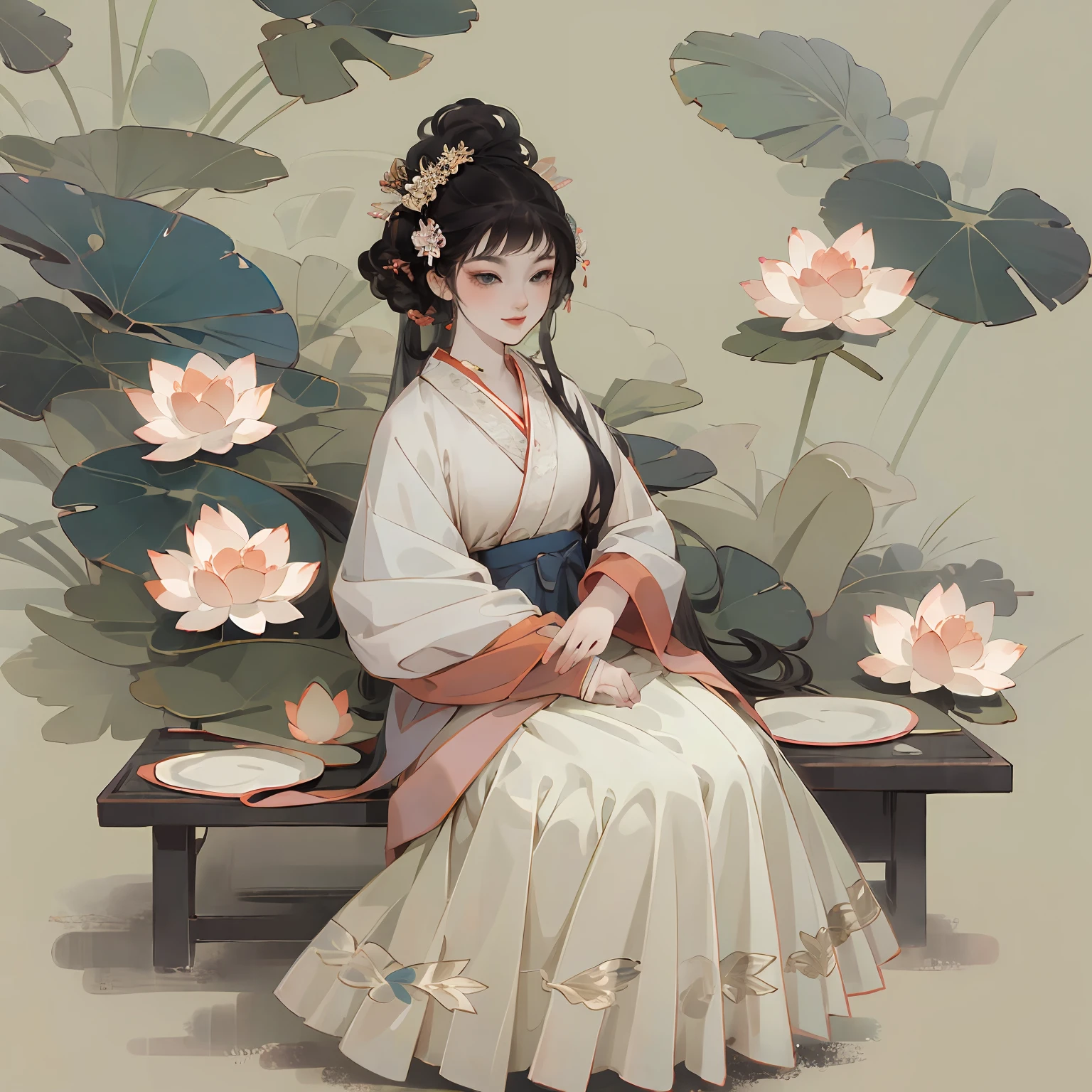 ((4K,Masterpiece,Best quality)), shuimobysim, Traditional Chinese painting, Big lotus,rosette, Hanfu, maxikit, Dress conservatively 1children, Solo, Blue long hair, ssmile, sitting on a lotus flower, The barefoot, kiddy big breasts,The child sits on a lotus